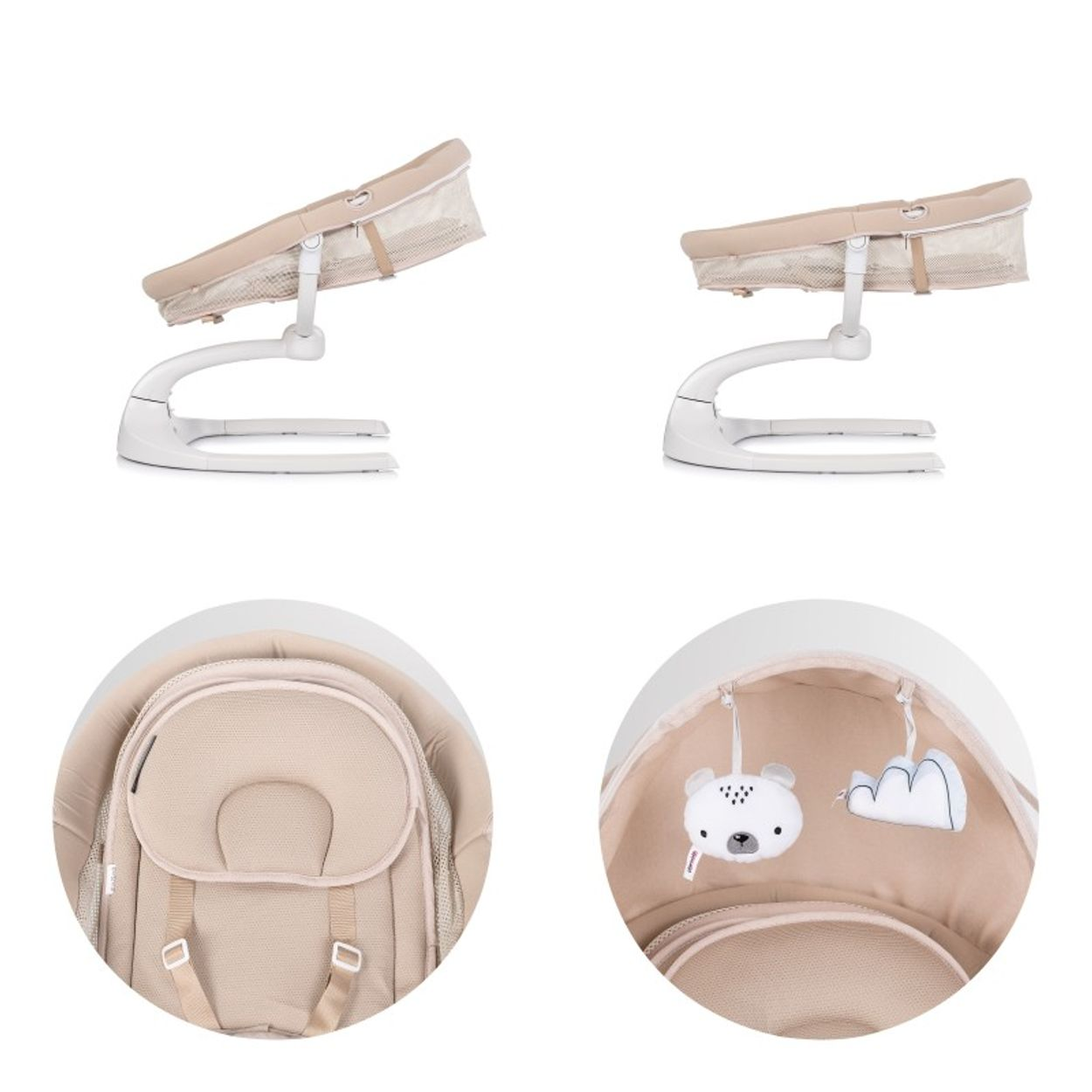 Eine beige Babywiege mit weißem Gestell. Sie hat ein Netzfutter und ein Spielzeug mit Bär und Wolke.