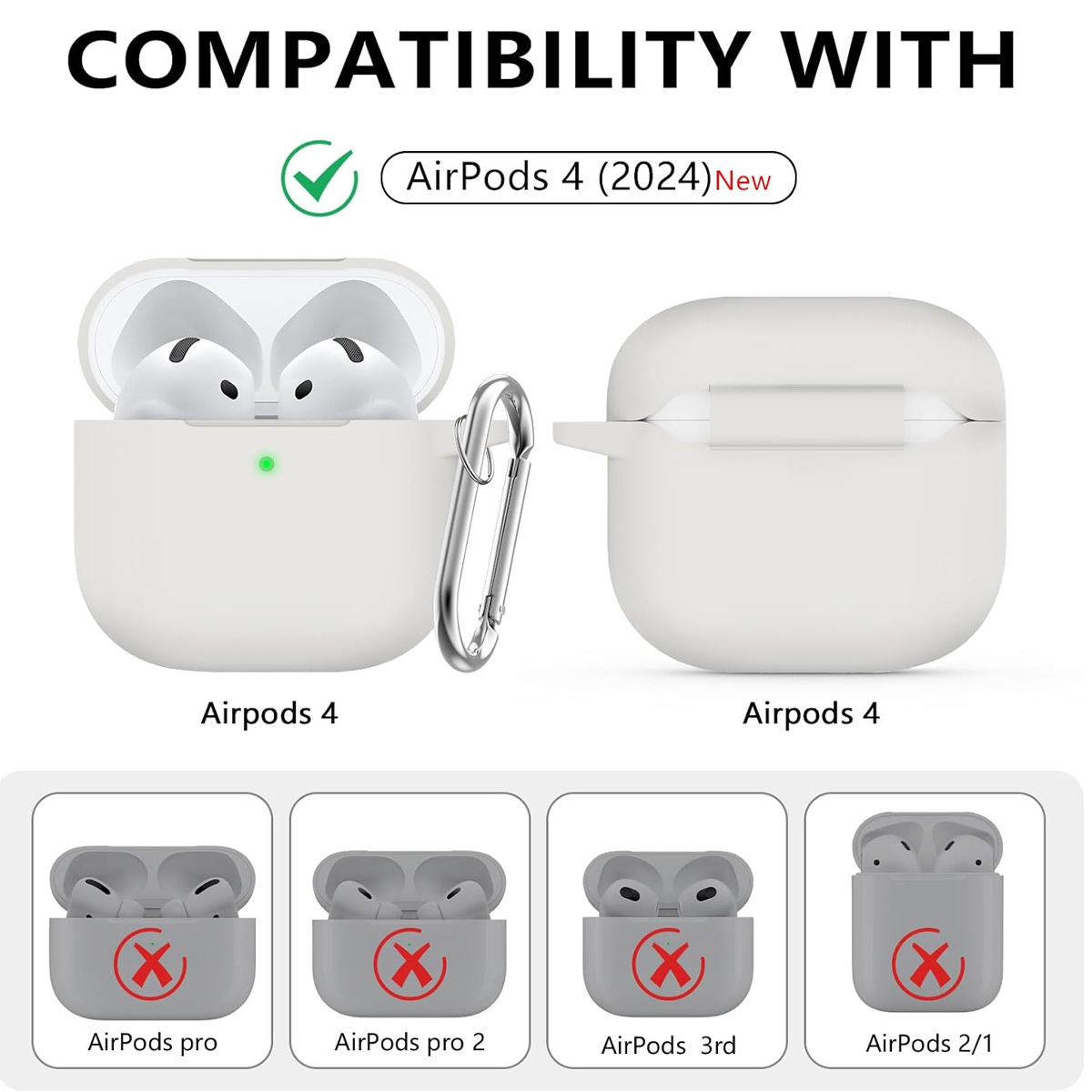 Das Bild zeigt AirPods 4 und das Case sowie inkompatible AirPods-Modelle. Der Text hebt die Kompatibilität und den 'Neu'-Status hervor.