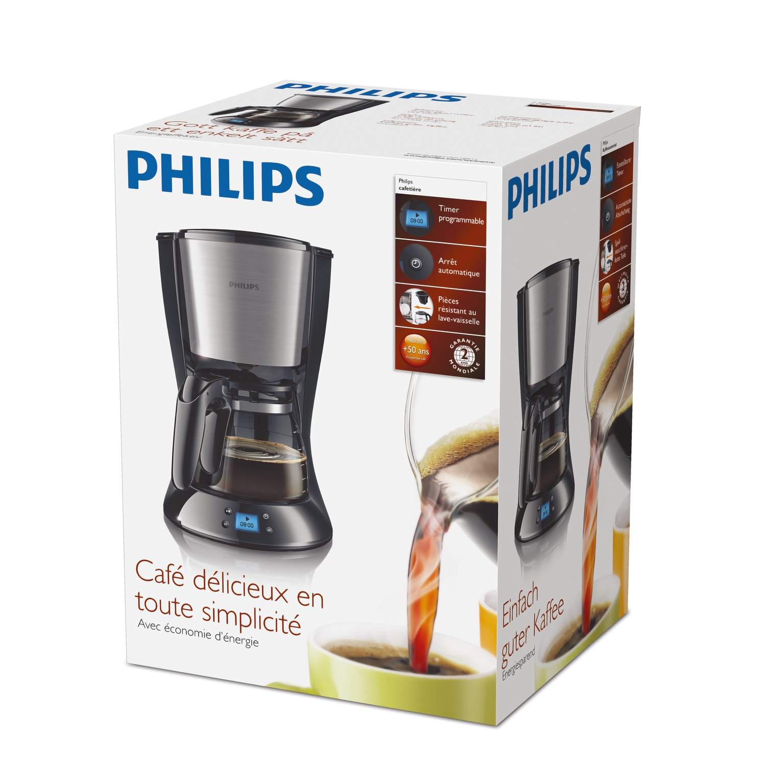Pudełko ekspresu do kawy Philips. Na pudełku ekspres do kawy i kawa wlewana do filiżanek. Tekst w kilku językach.
