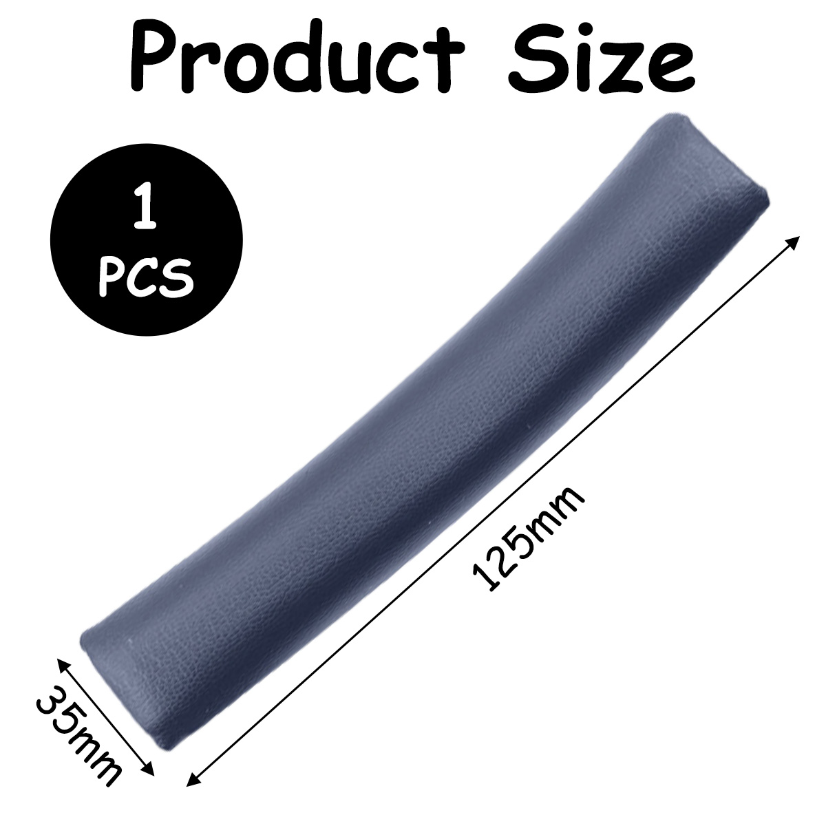 Das Bild zeigt ein blaues Schaumstoffprodukt. Beschriftet mit 1 STK. Die Abmessungen betragen 125 mm Länge und 35 mm Breite. Text lautet 'Produktgröße'.