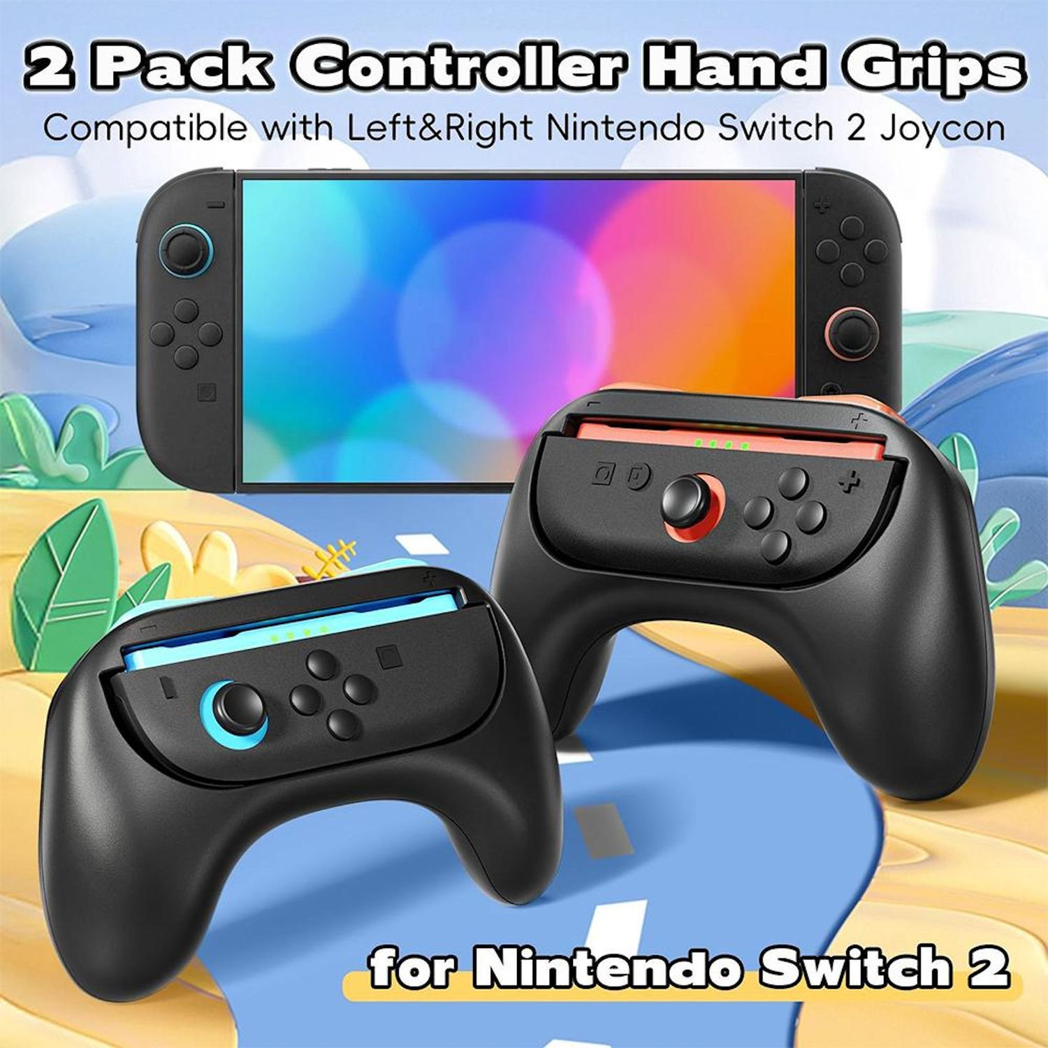 La imagen muestra 2 empuñaduras de controlador para Nintendo Switch 2. Los controladores son negros con pantallas coloridas. El texto dice '2 Pack Controller Hand Grips'.