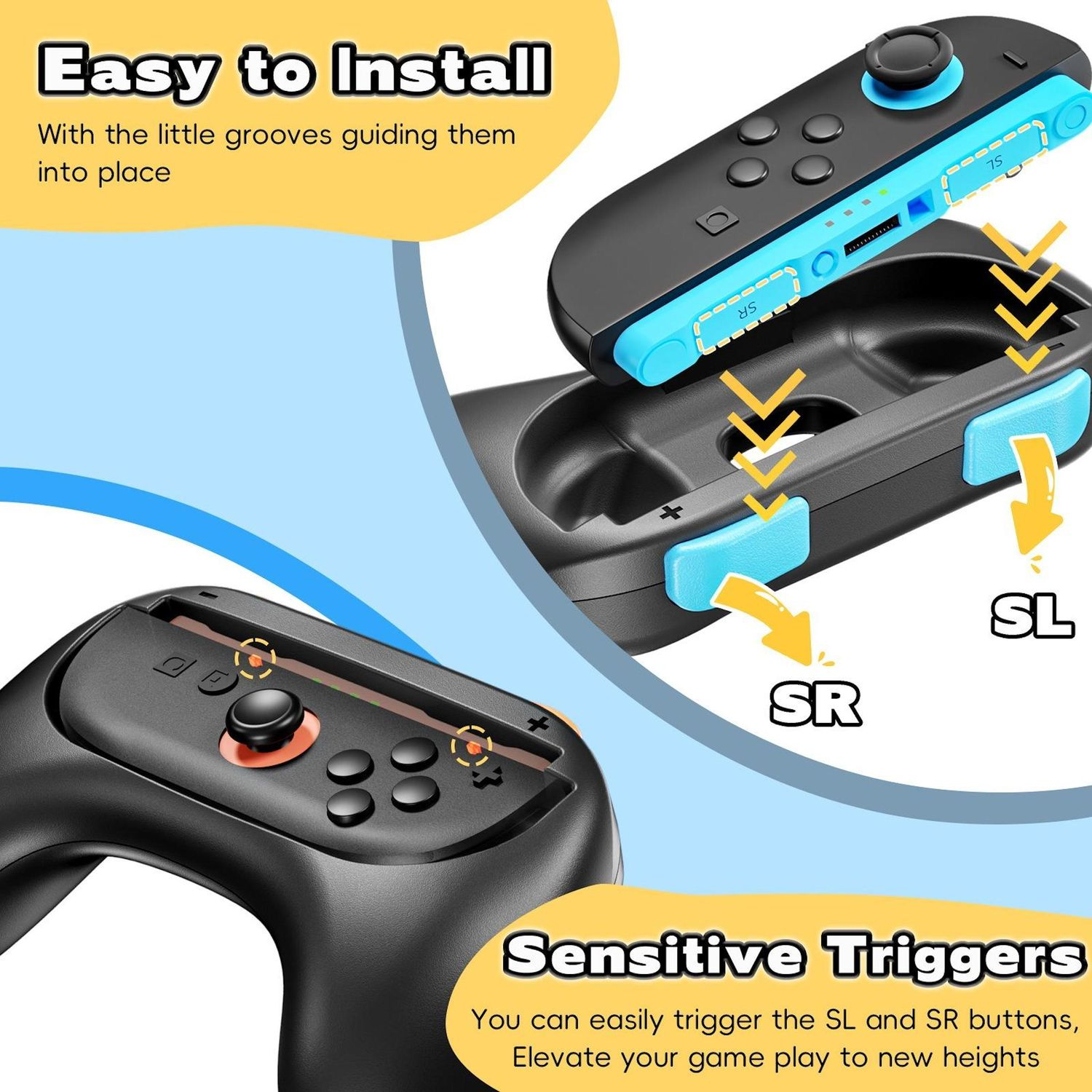 Primer plano de mandos de juego en negro y azul, con texto que explica la fácil instalación y los gatillos sensibles.