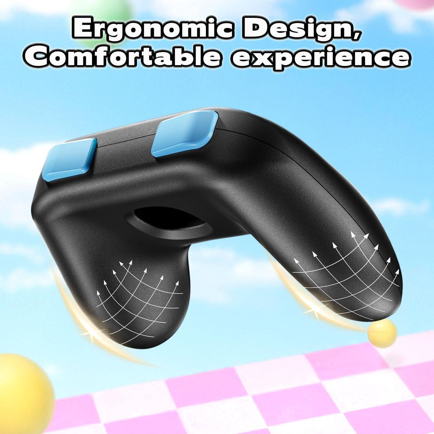 Controlador ergonómico negro con botones azules, flechas blancas y texto 'Ergonomic Design, Comfortable experience' sobre fondo azul.