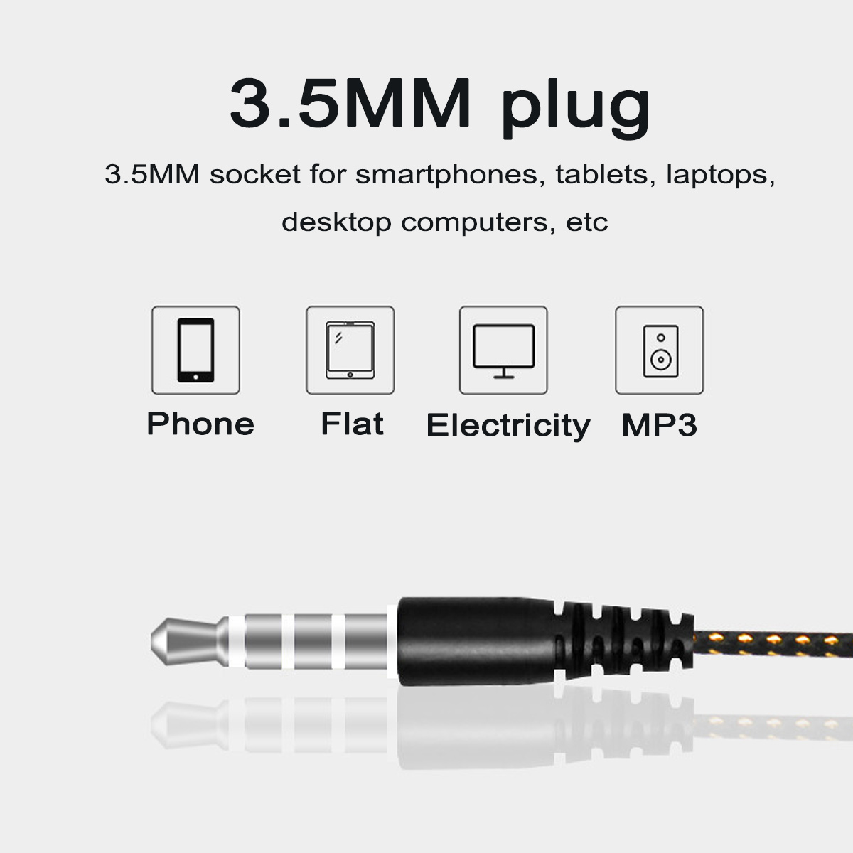 Das Bild zeigt einen 3,5-mm-Audioanschluss. Text weist darauf hin, dass er für Smartphones, Tablets, Laptops und Desktops geeignet ist.