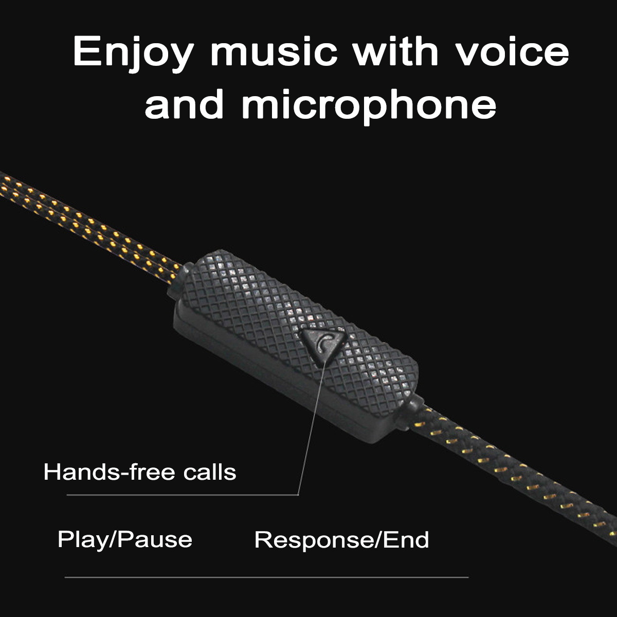 Nahaufnahme eines schwarzen Steuermoduls mit einer Taste. Bildtext: Musik genießen, Freisprechen, Wiedergabe/Pause und Antwort/Ende.
