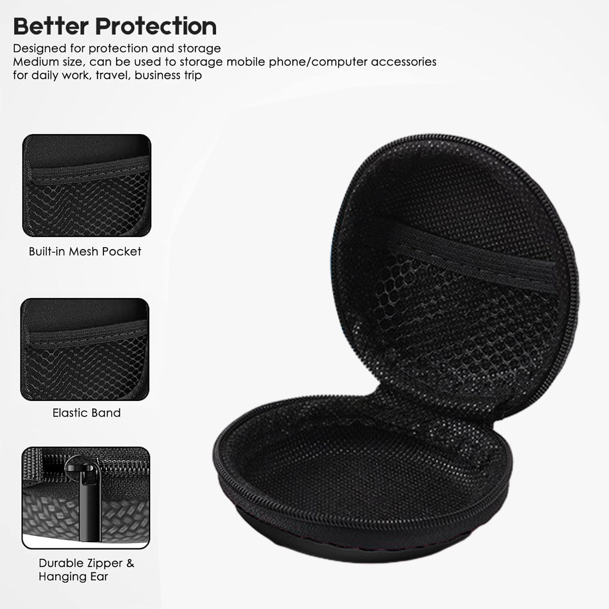 Geöffnete schwarze Reisetasche mit Netztasche, Gummiband und Reißverschluss. Text: 'Besserer Schutz' und Produktmerkmale.
