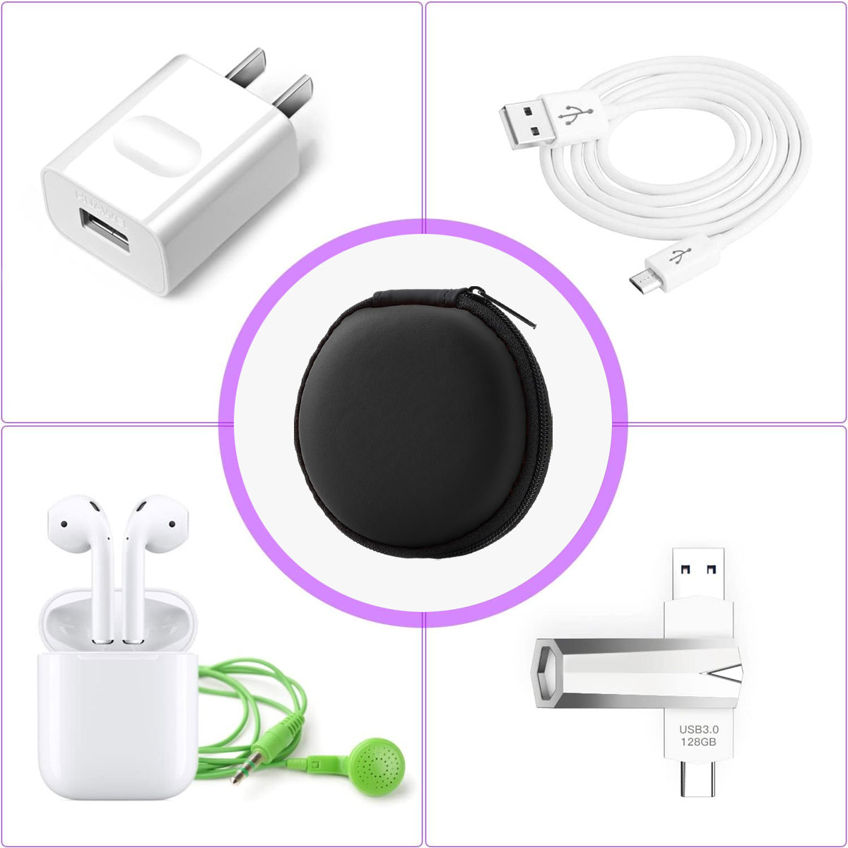 Das Bild zeigt technisches Zubehör: Ladegerät, USB-Kabel, schwarzes Etui, Ohrhörer und USB-Stick. Alle Artikel sind weiß oder schwarz mit grünen Akzenten.