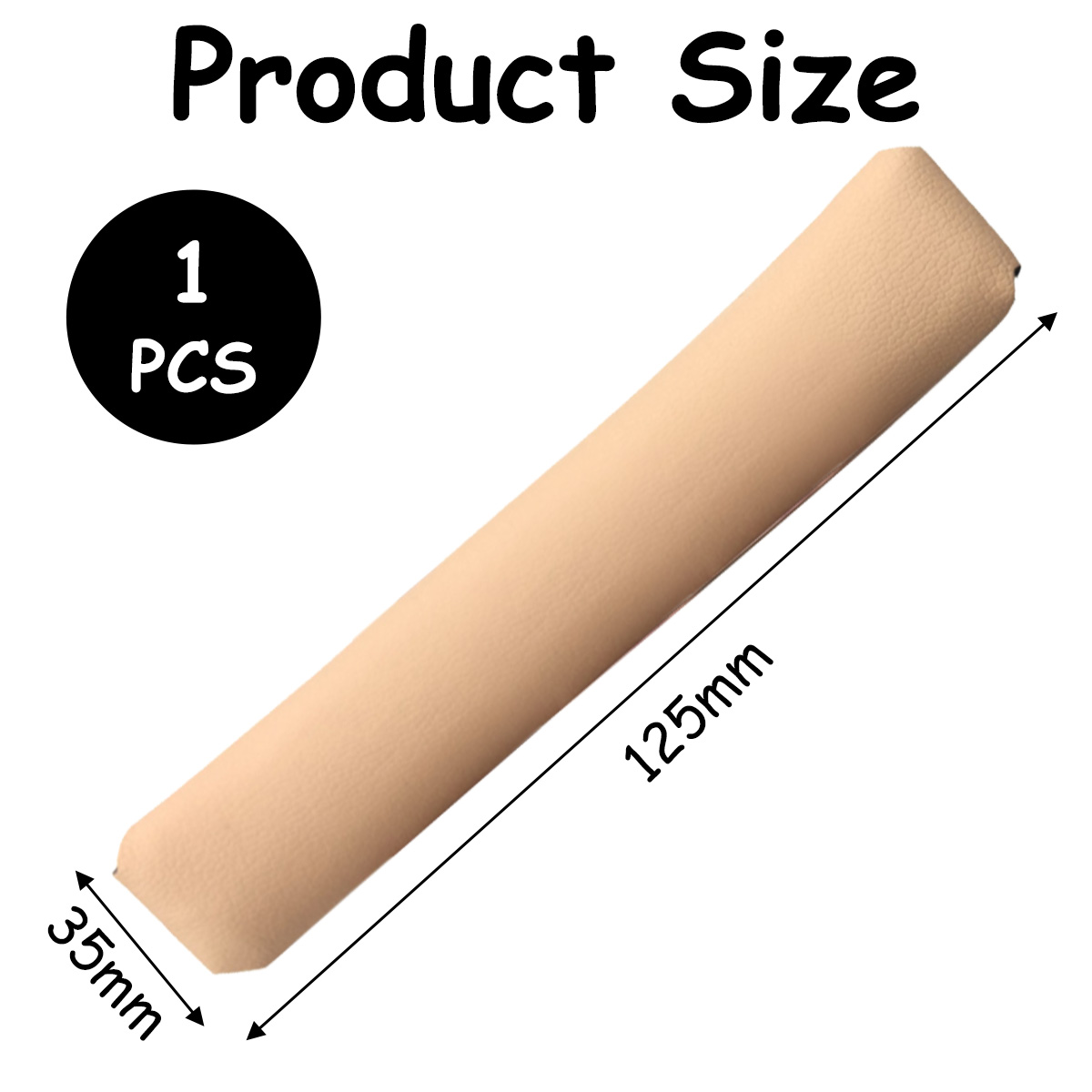 Beiges Kissen mit Maßen. 125 mm lang, 35 mm breit. Ein schwarzer Kreis zeigt 1 Stück. Text: 'Produktgröße'.