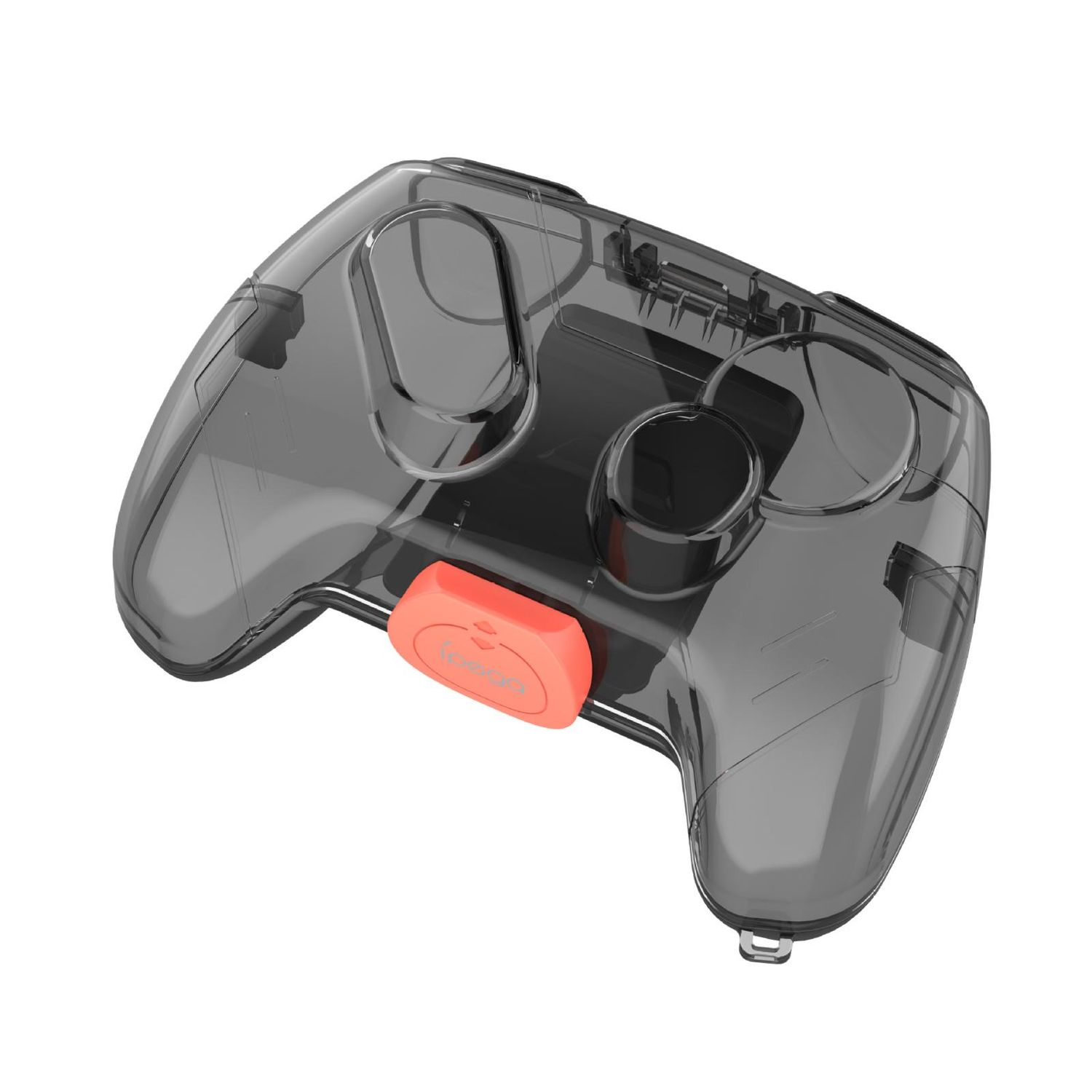 Ein durchsichtiger, grauer Gamecontroller mit einer orangefarbenen Taste. Er hat ein modernes Design und ist vor weißem Hintergrund platziert.