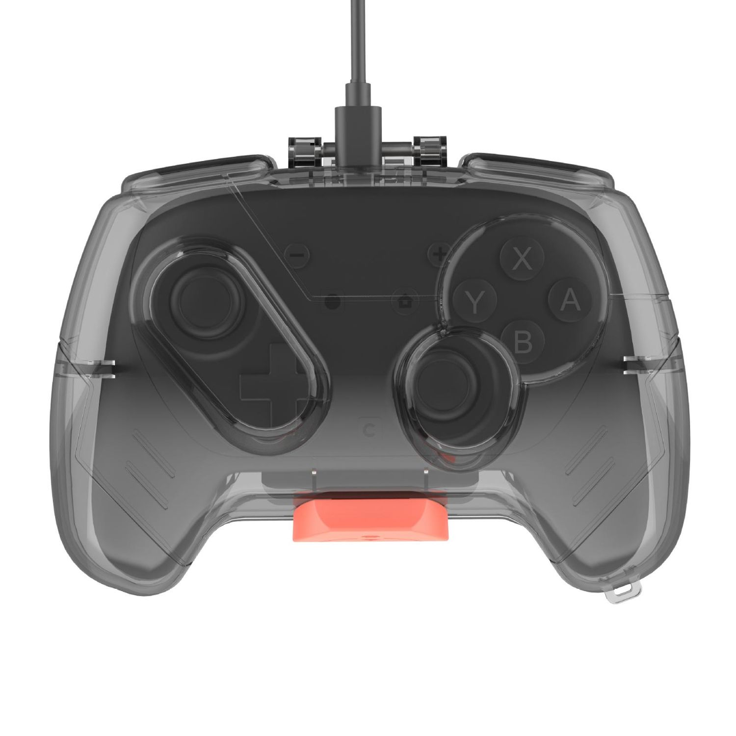 Ein durchsichtiger grauer Gamecontroller mit den Tasten X, Y, A, B. Am unteren Mittelpunkt befindet sich eine orangefarbene Taste. Ein schwarzes Kabel verbindet sich mit der Oberseite.