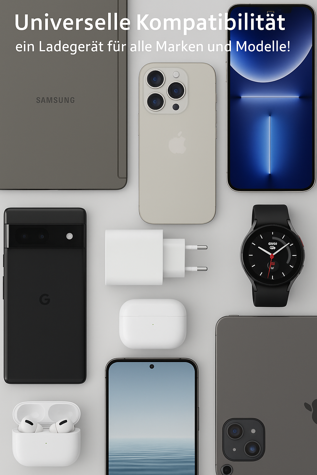 Das Bild zeigt verschiedene Smartphones, ein Tablet, eine Smartwatch und Ladezubehör vor weißem Hintergrund.