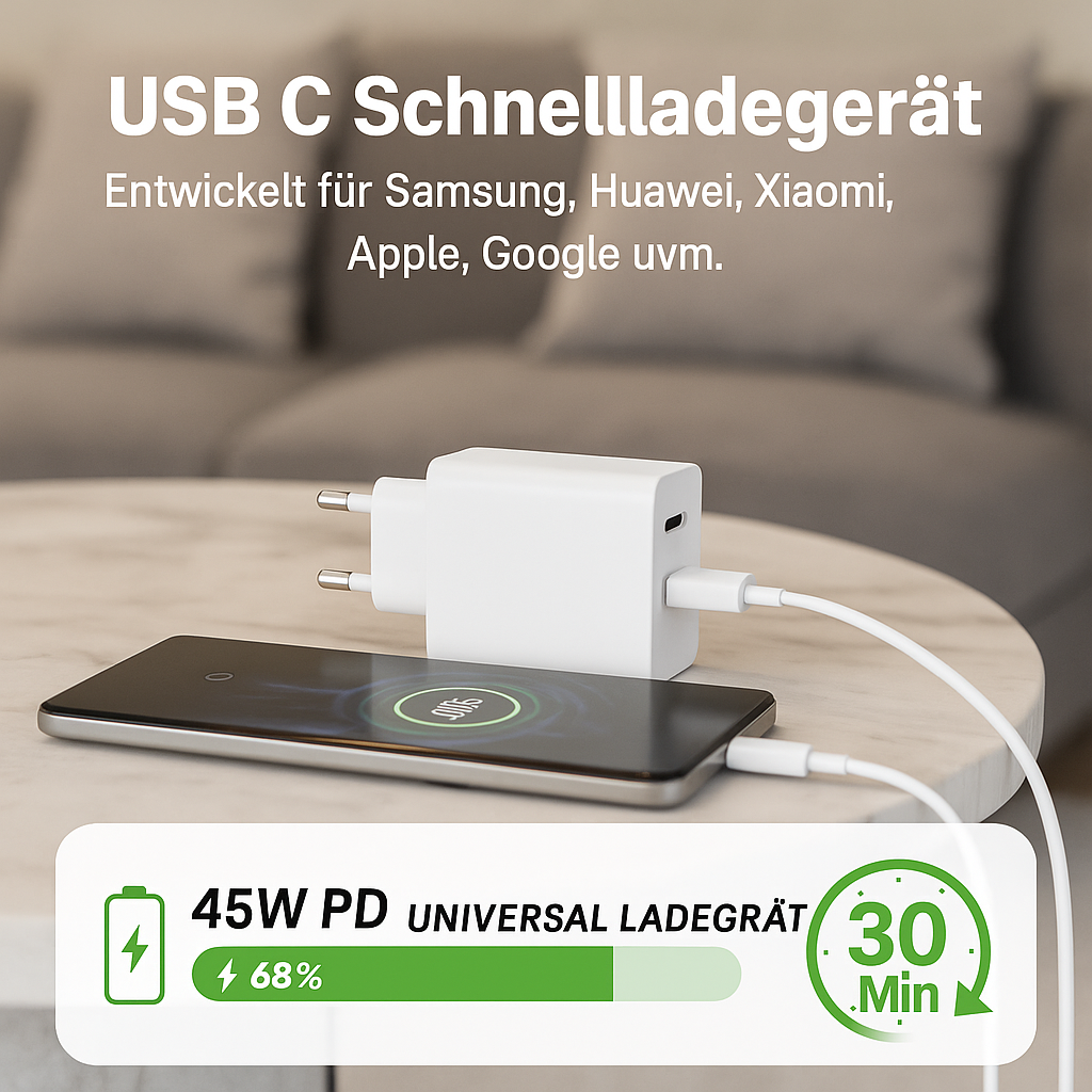 Ein weißes USB-C-Ladegerät ist an ein Telefon angeschlossen. Das Telefon zeigt 68 % Ladung an. Text weist auf Schnellladung und Kompatibilität hin.