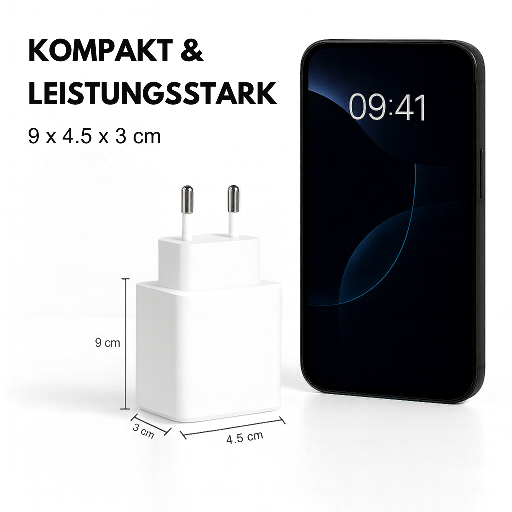 Ein weißes Ladegerät und ein schwarzes Smartphone werden angezeigt. Das Telefon zeigt die Uhrzeit 09:41 an. Abmessungen sind 9x4,5x3 cm.