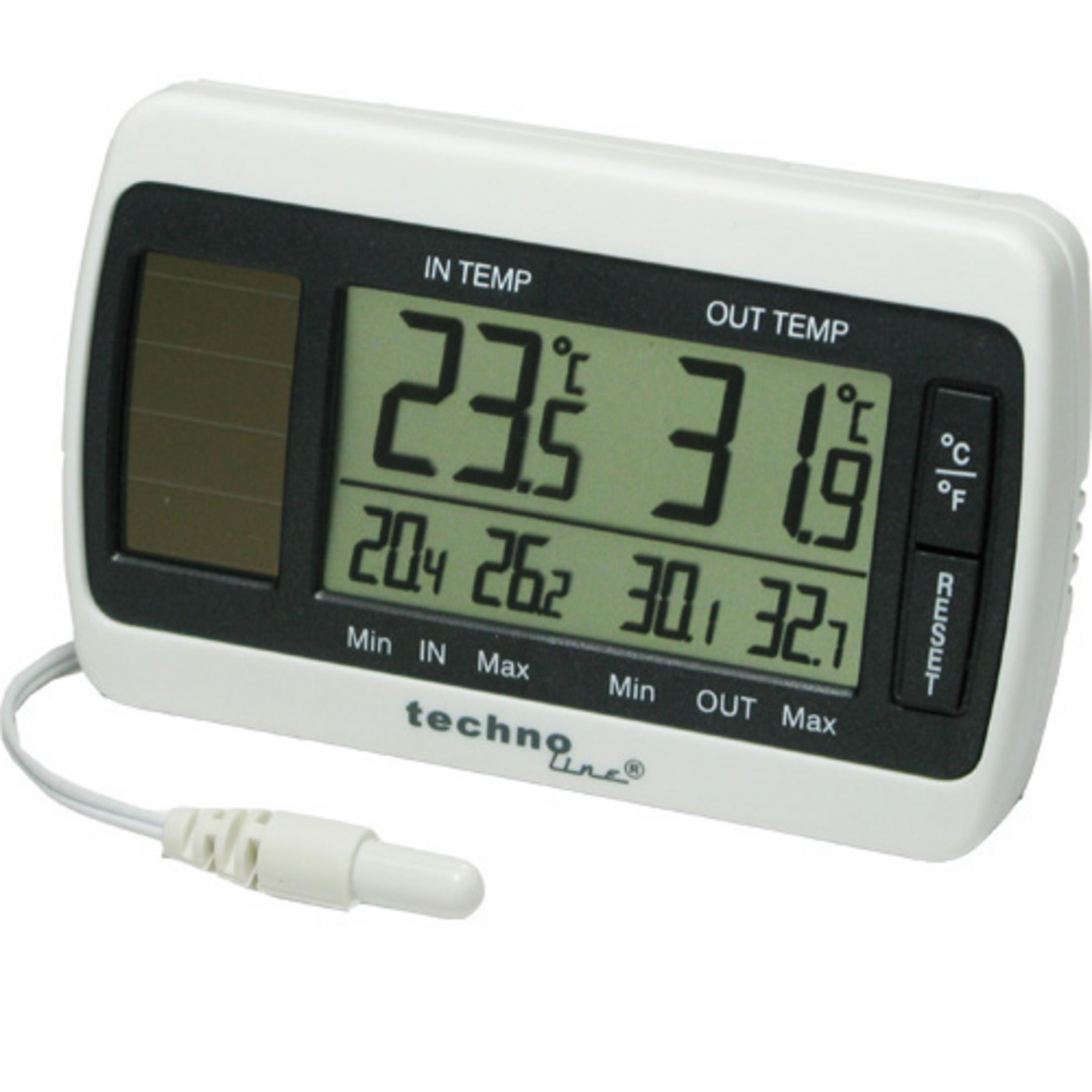 Ein weißes digitales Thermometer zeigt Innen- und Außentemperaturen an, mit angeschlossener Sonde. Tasten für Reset und Fahrenheit/Celsius.