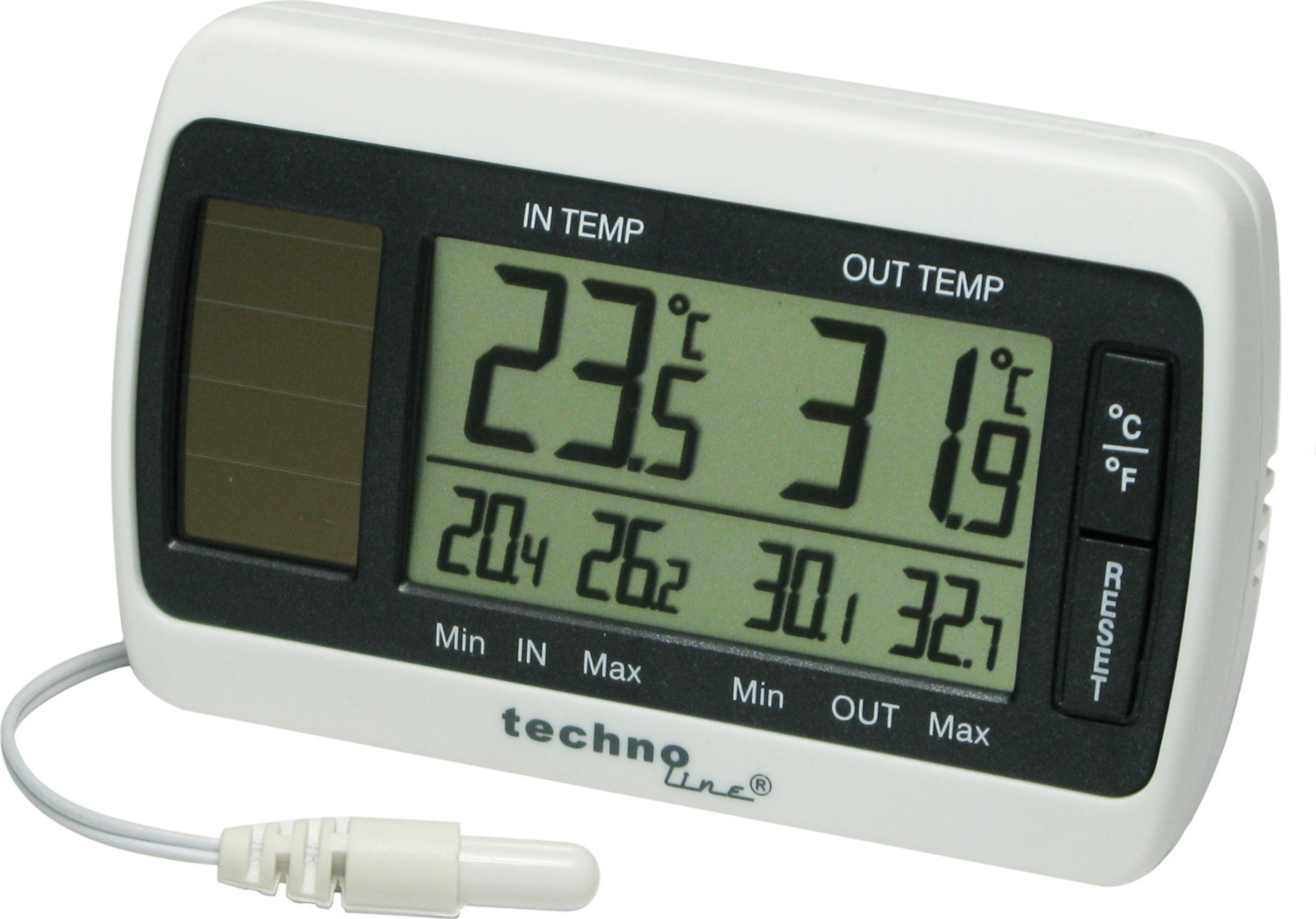 Ein weißes digitales Thermometer zeigt Innen- und Außentemperaturen an, mit kleinem Solarpanel und Sonde.