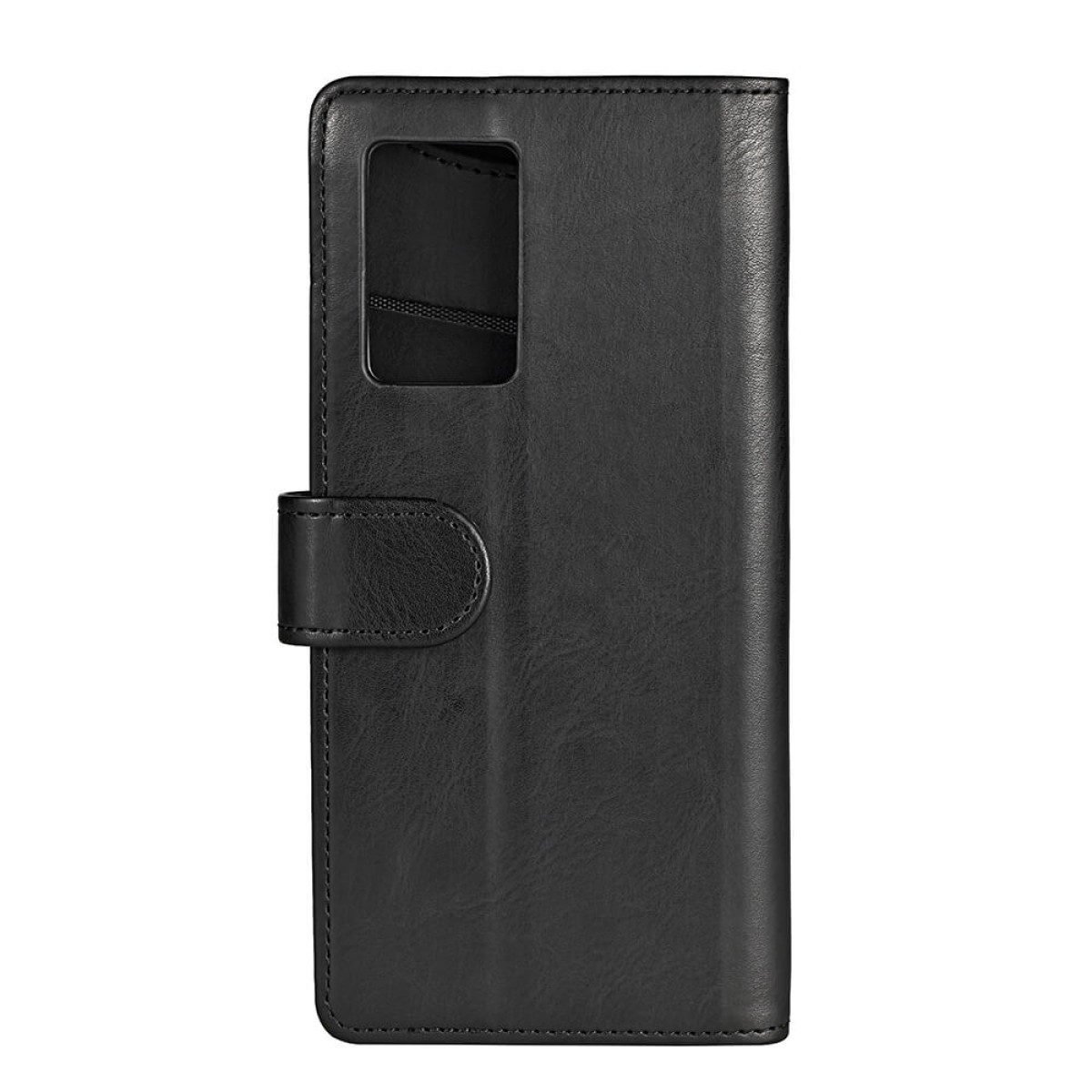Eine schwarze Leder-Handyhülle mit Magnetverschluss. Sie hat einen Kameraausschnitt und eine strukturierte Oberfläche.