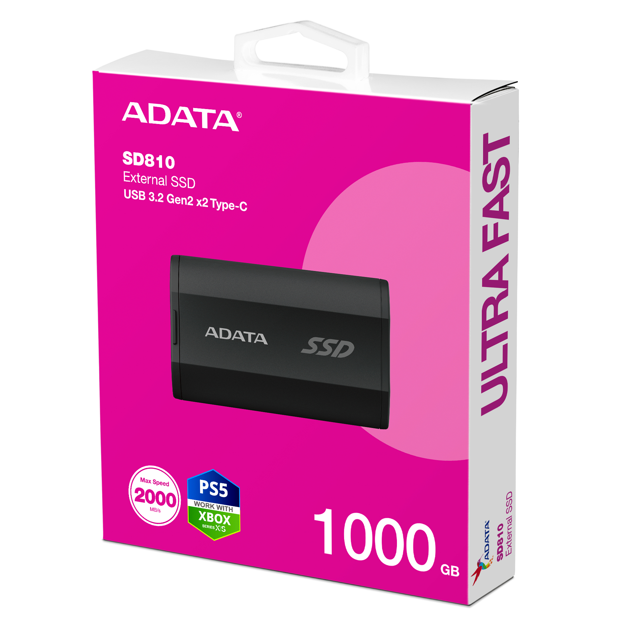 Pudełko z zewnętrznym dyskiem SSD ADATA SD810. Ma czarny dysk SSD, różowe i białe opakowanie i napis 1000 GB.