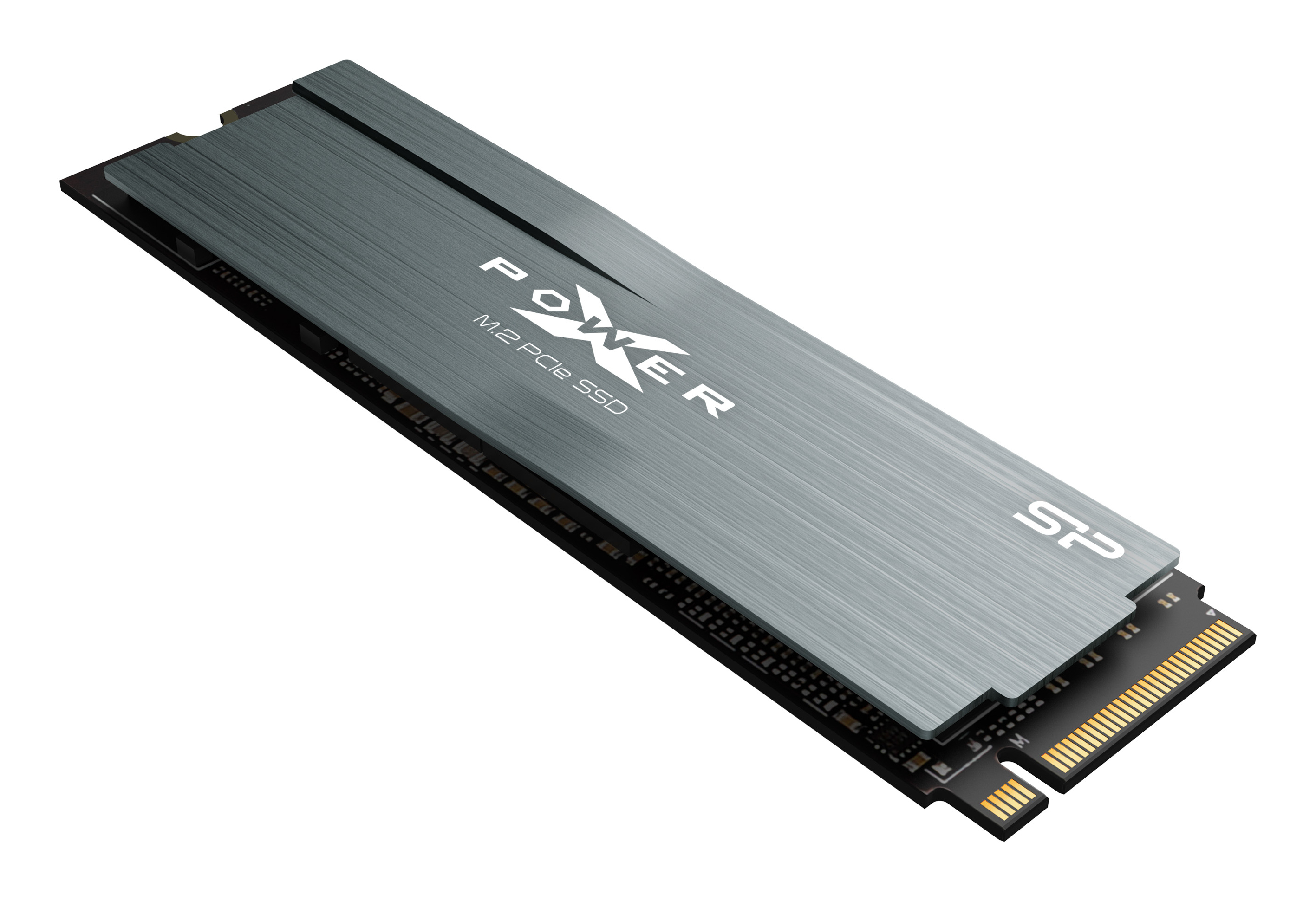 Szary dysk SSD M.2 PCIe z logo Power. Ma metaliczne wykończenie i złote złącza na białym tle.