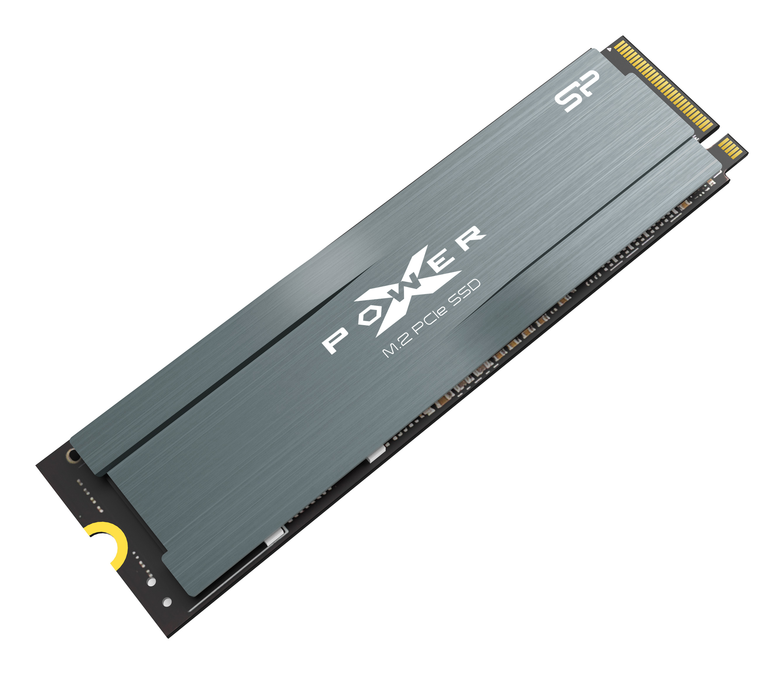 Dysk SSD M.2 PCIe z szarą metalową obudową. Widoczna nazwa marki POWER. Tło jest białe.