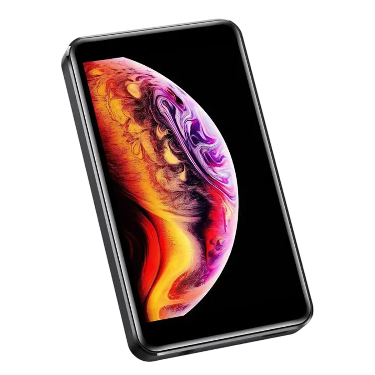 Uno smartphone con un'immagine colorata simile a un pianeta sullo schermo. Il telefono è nero e lo sfondo è bianco.