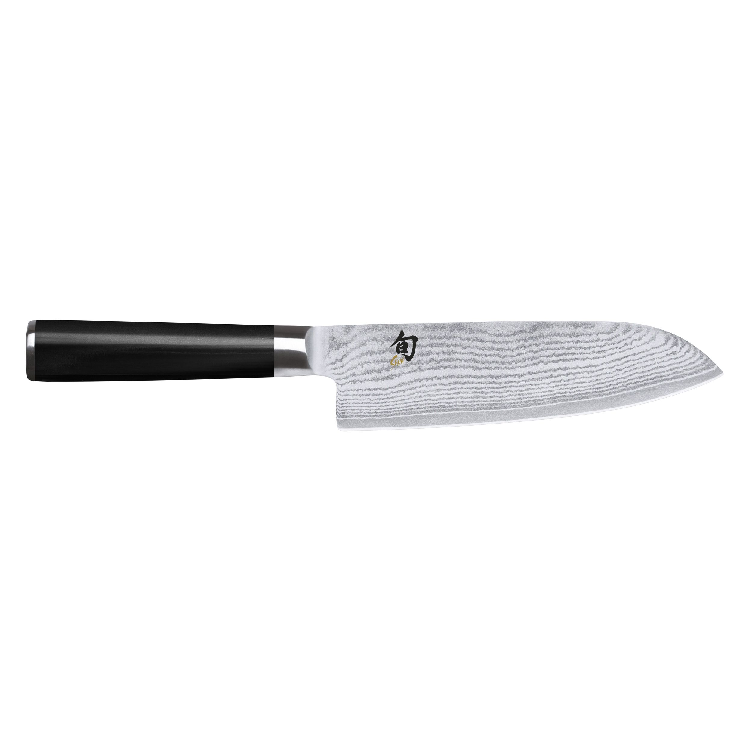 Ein Shun-Messer auf weißem Hintergrund. Schwarzer Griff mit silberner Klinge und japanischen Schriftzeichen.