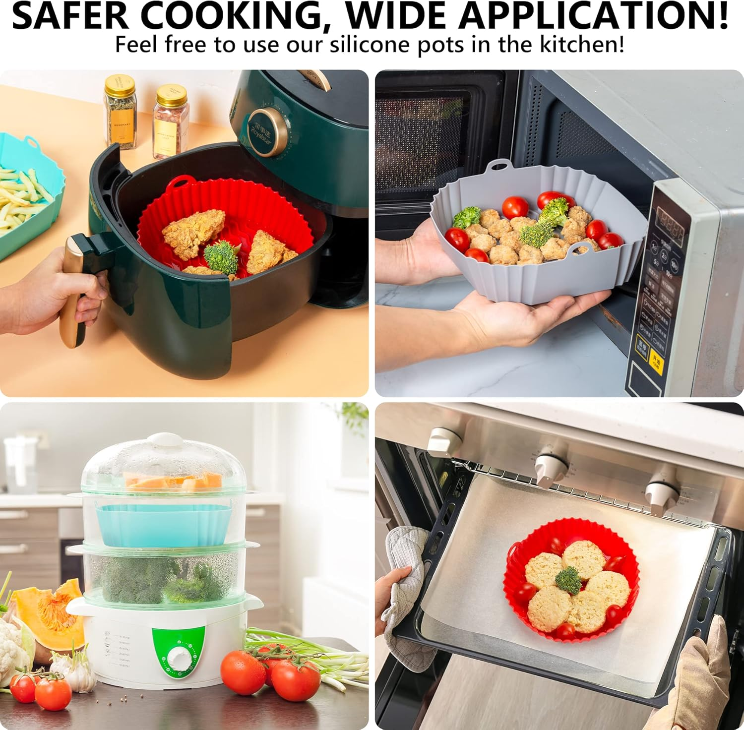 Das Bild zeigt Silikon-Kochtöpfe im Einsatz: Fritteuse, Mikrowelle, Dampfgarer und Backofen. Zu den Speisen gehören Pommes Frites, Hähnchen, Fleischbällchen und Gemüse.