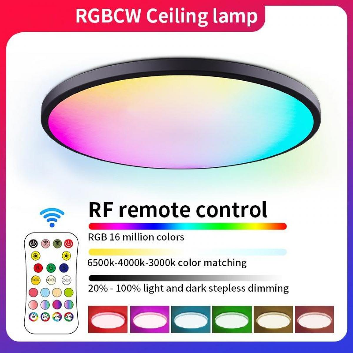 Eine runde RGB-Deckenleuchte mit Fernbedienung wird gezeigt. Das Licht der Lampe wechselt die Farben. Merkmale umfassen Fernbedienung und Farbabstimmung.