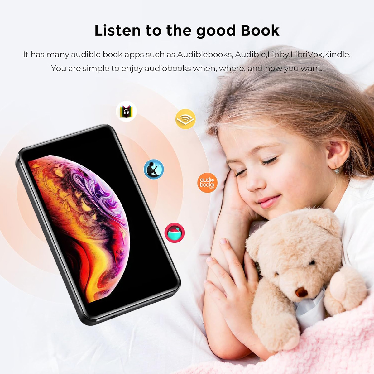 Una bambina che dorme con un orsacchiotto accanto a un telefono. Il telefono mostra un'immagine astratta e icone di app.