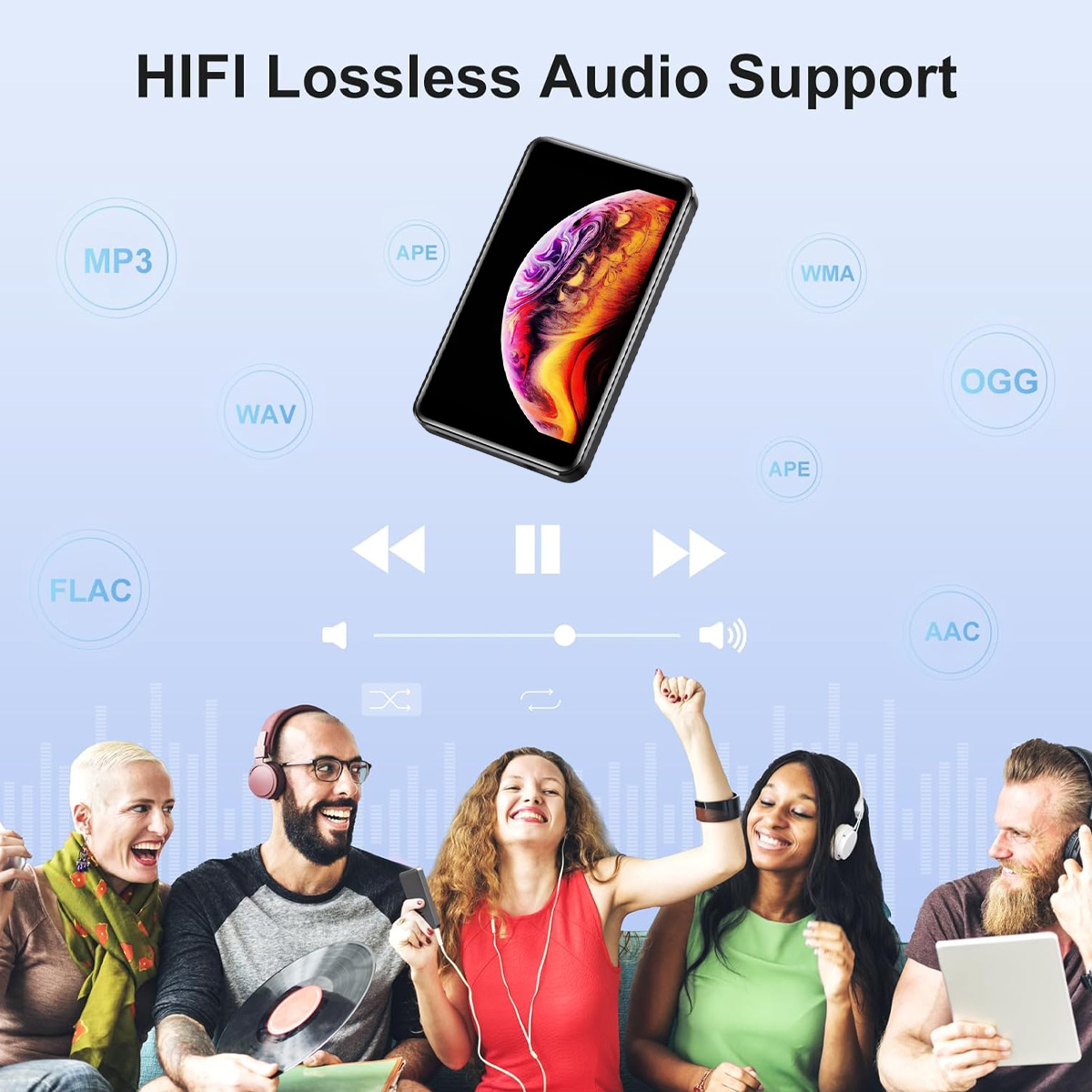 L'immagine mostra un telefono con schermo colorato sopra persone che ascoltano musica. Le icone dei formati musicali circondano il telefono. Le persone sono felici.