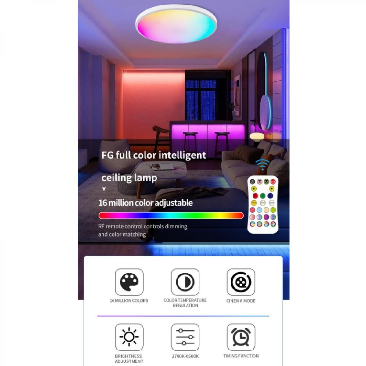 Eine farbenfrohe Deckenlampe beleuchtet einen modernen Raum mit Sofa, Bar und Fernbedienung. Merkmale umfassen Farb- und Helligkeitssteuerung.