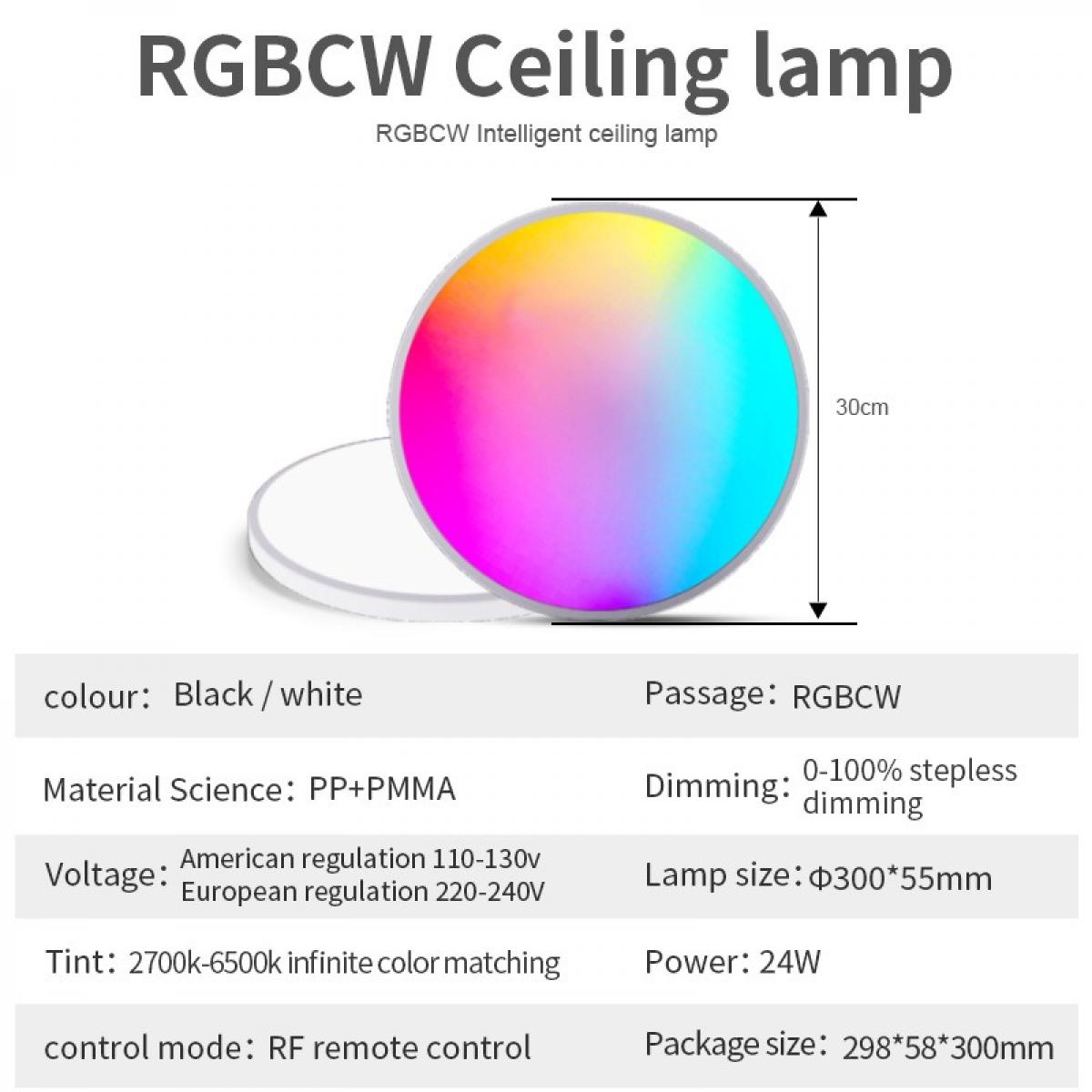 Eine runde RGB-Deckenlampe mit farbenfroher Lichtanzeige. Sie hat einen weißen Sockel und Produktinformationen unten. Die Größe beträgt 30 cm.