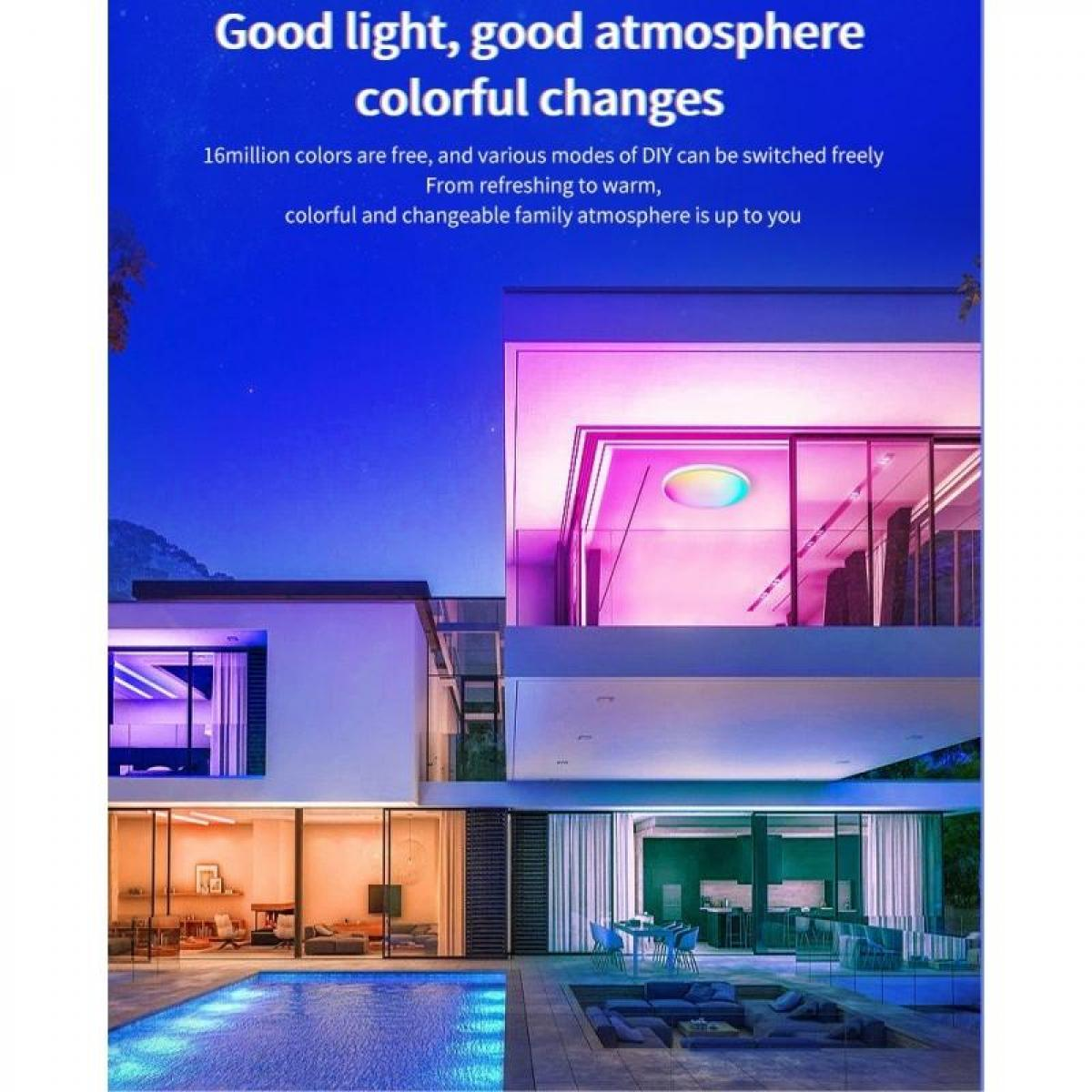Modernes Haus mit Pool, beleuchtet mit bunten Lichtern. Text sagt 'Gutes Licht, gute Atmosphäre, farbenfrohe Veränderungen'.
