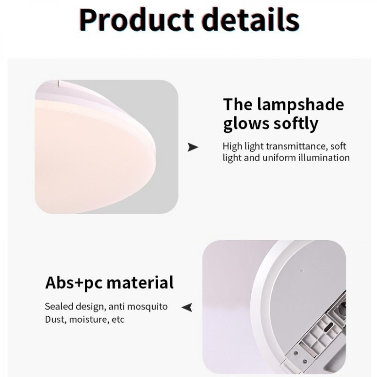 Das Bild zeigt Produktdetails, einschließlich eines Lampenschirms und einer Beschreibung des Materials Abs+pc, mit Text und kleinen Bildern.