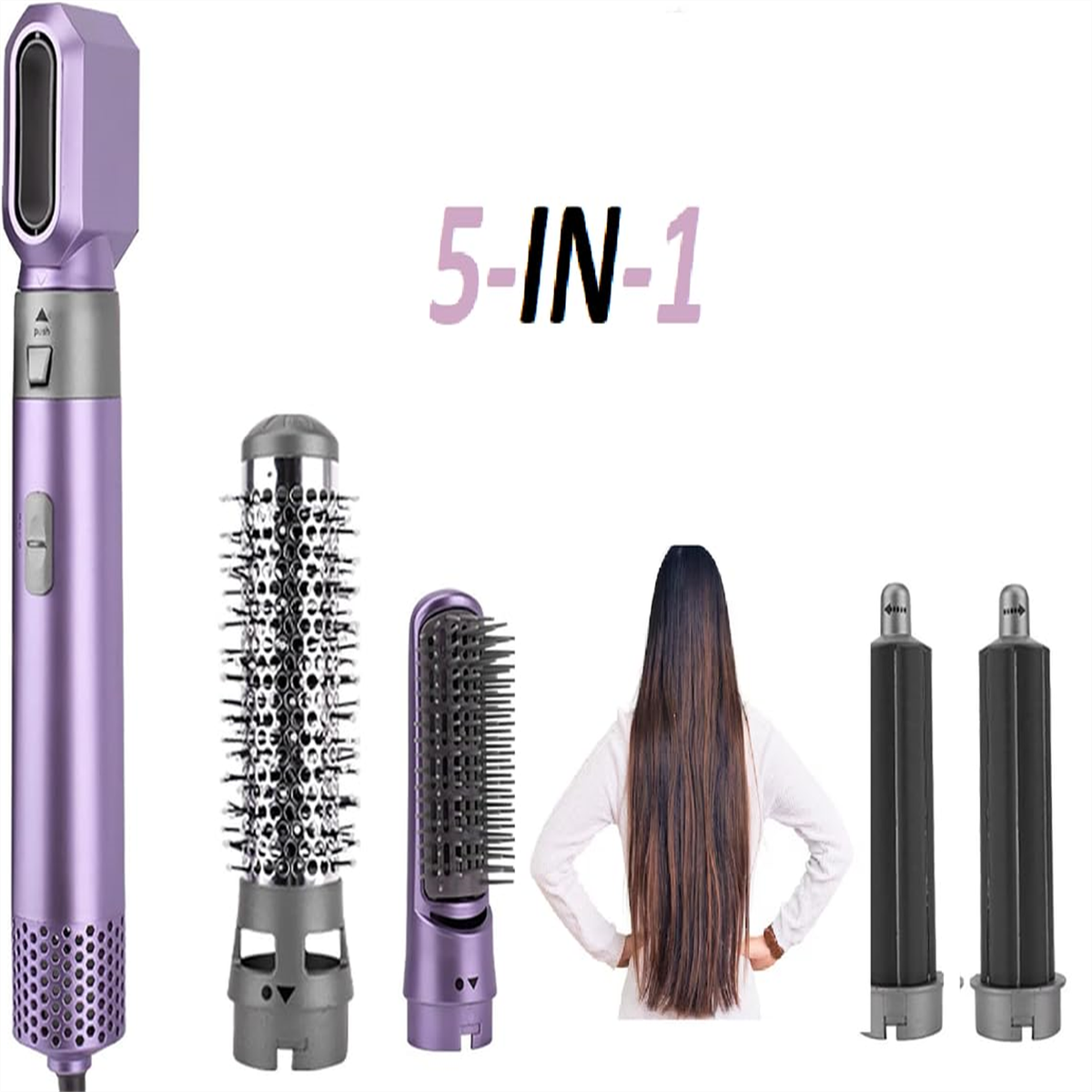 Ein 5-in-1-Haarstyling-Tool mit Aufsätzen, eine Frau mit langen Haaren und der Text '5-IN-1' auf weißem Hintergrund.