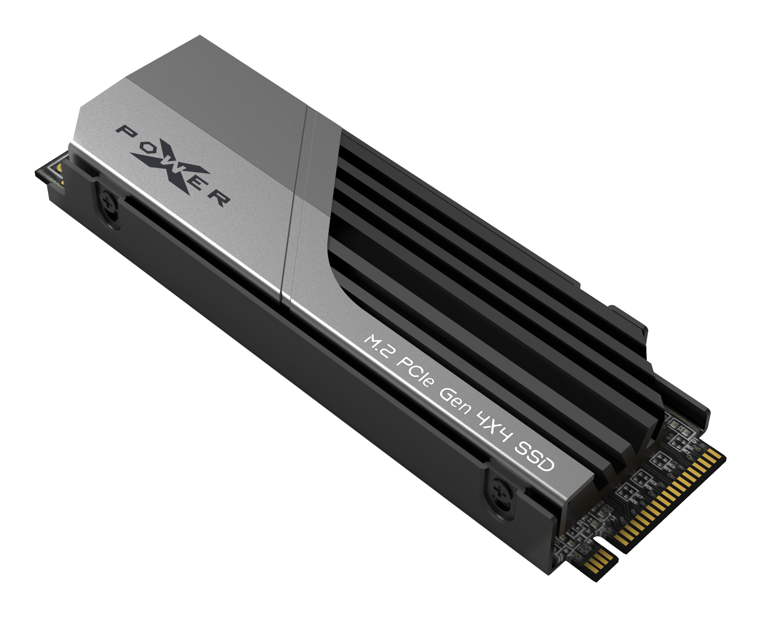 Dysk SSD M.2 PCIe Gen 4x4. Ma srebrną górę ze słowem POWER. Czarne żebra chłodzące i płytka drukowana.