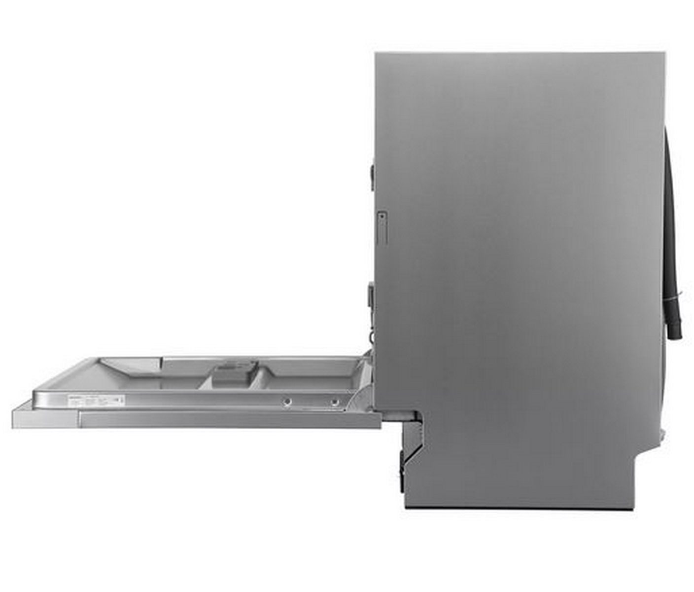 Un lavavajillas gris con la puerta parcialmente abierta, revelando el interior. La máquina está sobre fondo blanco.