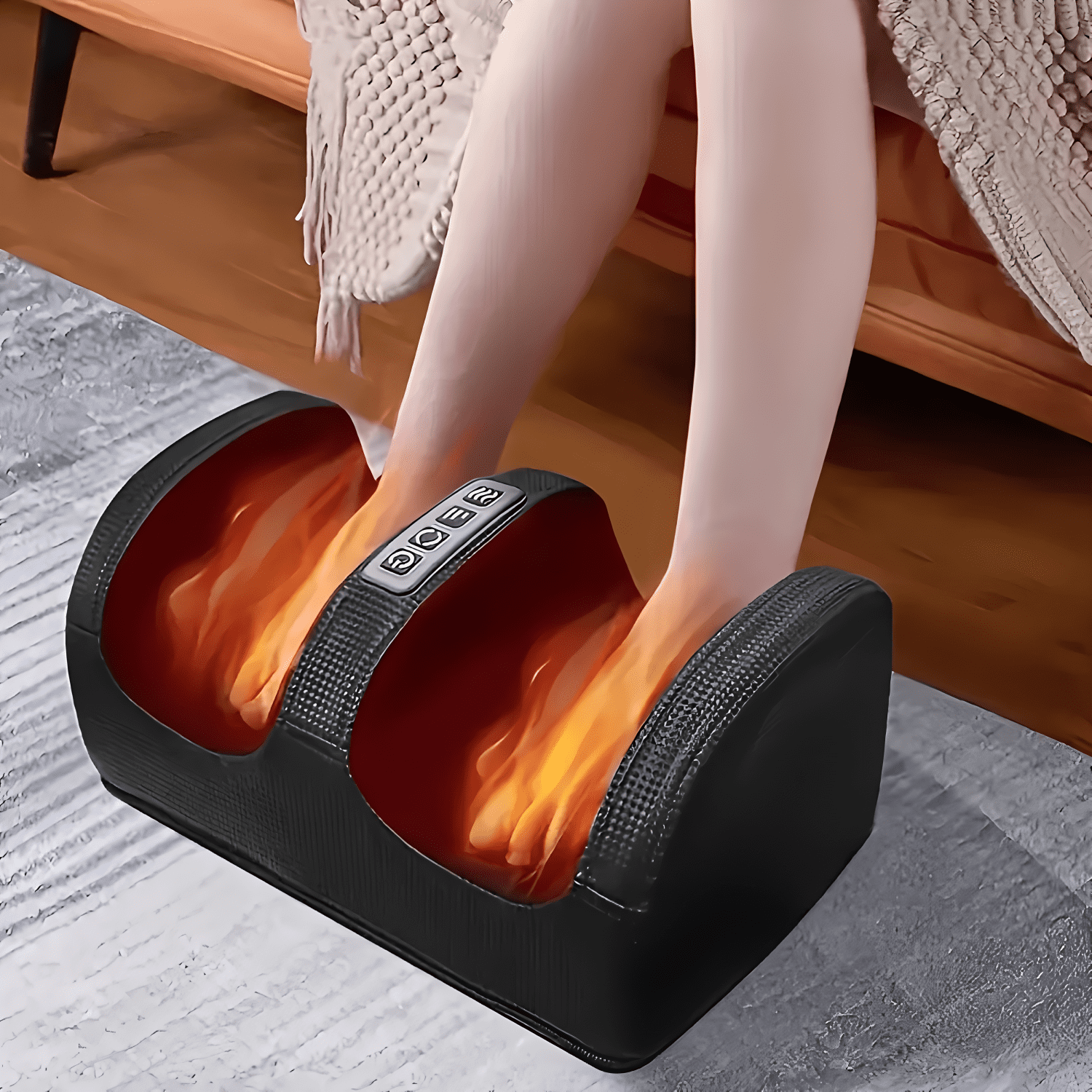 Füße einer Person in einem schwarzen Fußmassagegerät mit orangefarbenem Schein. Beine sind sichtbar, in der Nähe einer Holzoberfläche und eines grauen Teppichs.