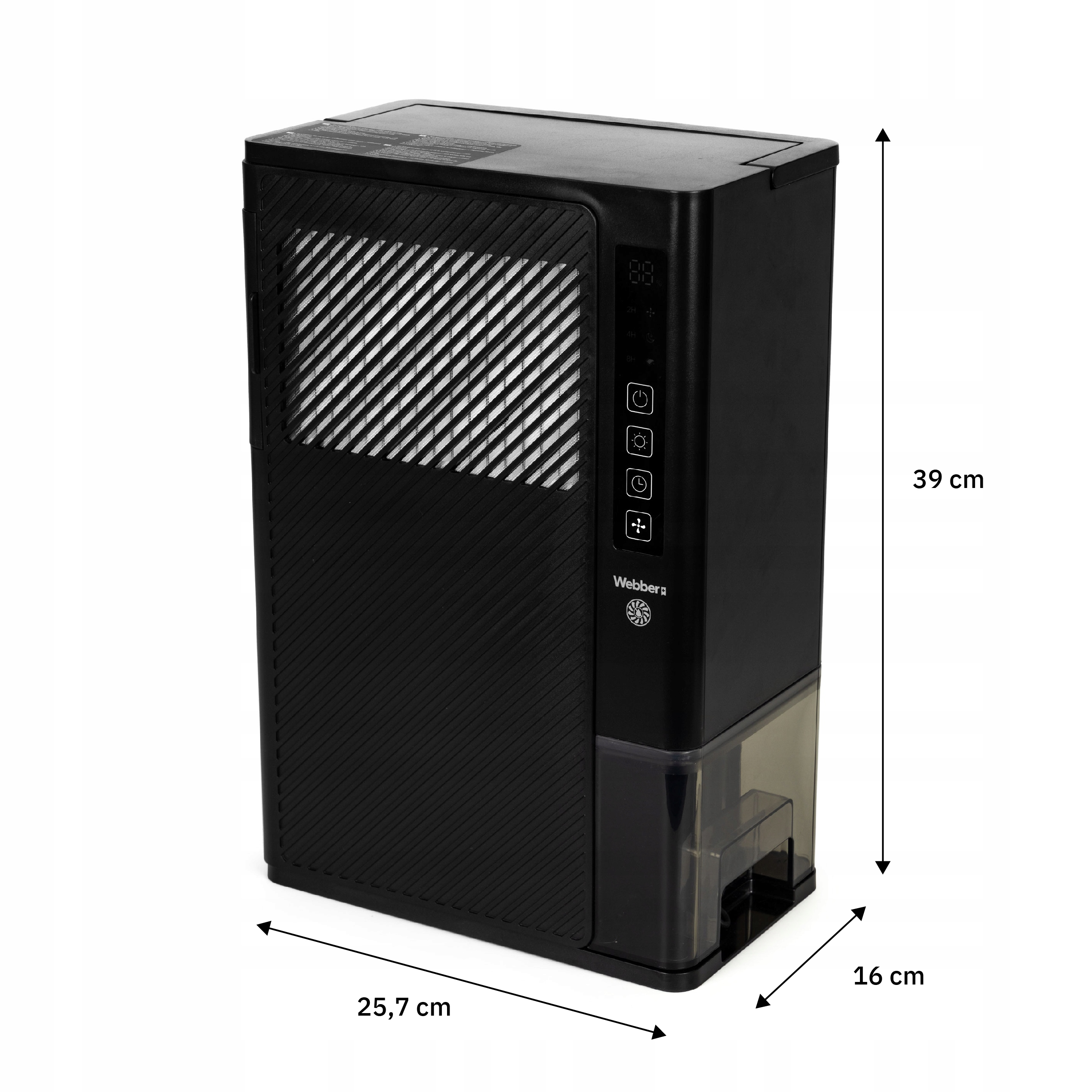 Czarny osuszacz powietrza z wymiarami. Posiada panel sterowania i zbiornik na wodę. Marka Webber.