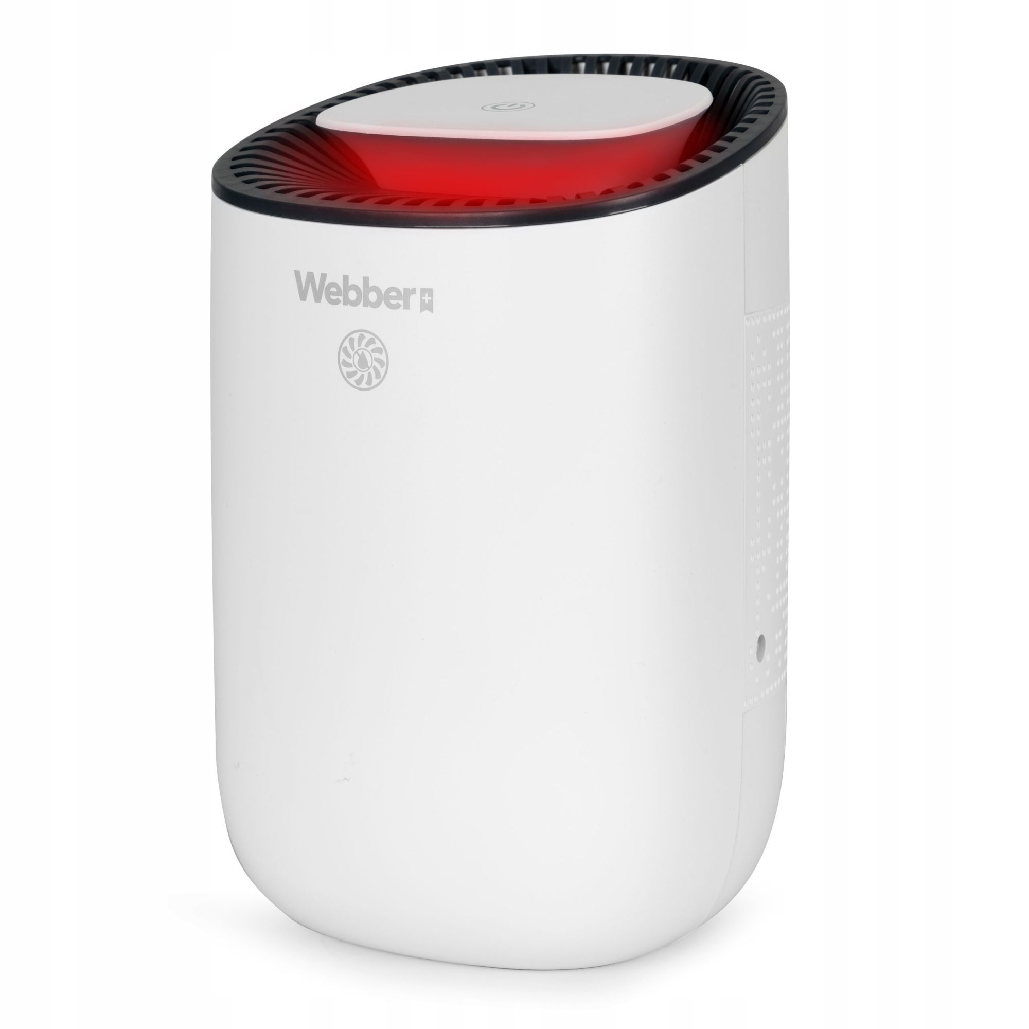 Biały oczyszczacz powietrza z czarnym blatem i czerwonym światłem. Marka to Webber.