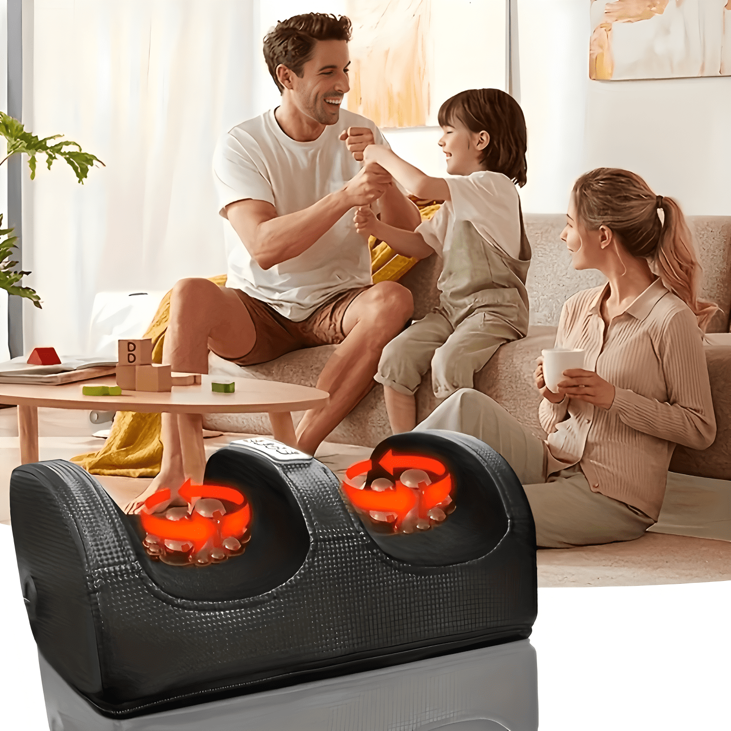 Familie im Wohnzimmer mit Fußmassagegerät. Eltern und Kind auf dem Sofa. Fußmassagegerät im Vordergrund.