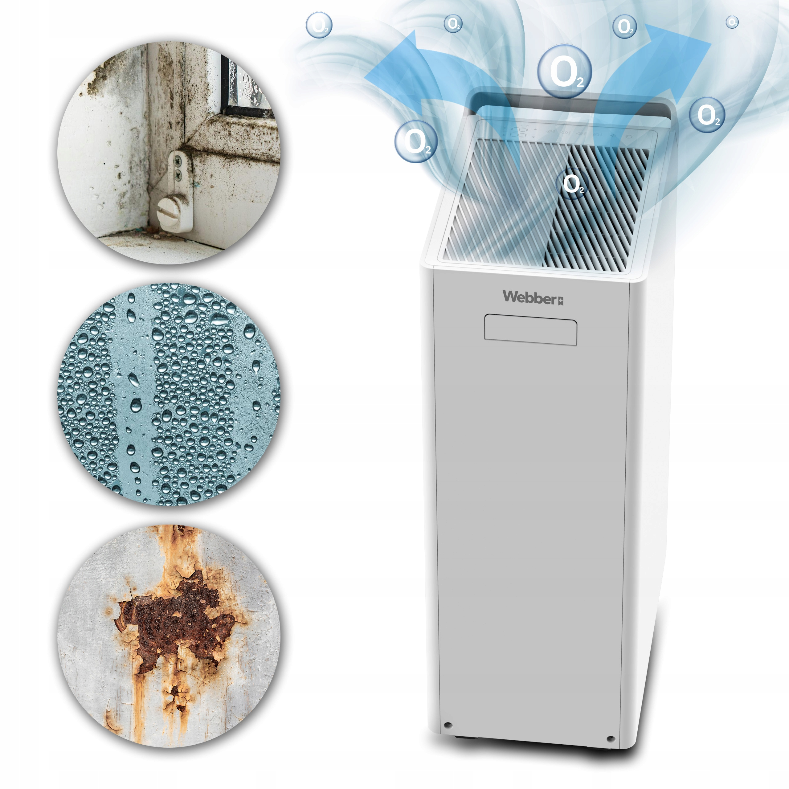 Oczyszczacz powietrza ze symbolami tlenu i trzema okrągłymi zdjęciami pleśni, kondensacji i rdzy.
