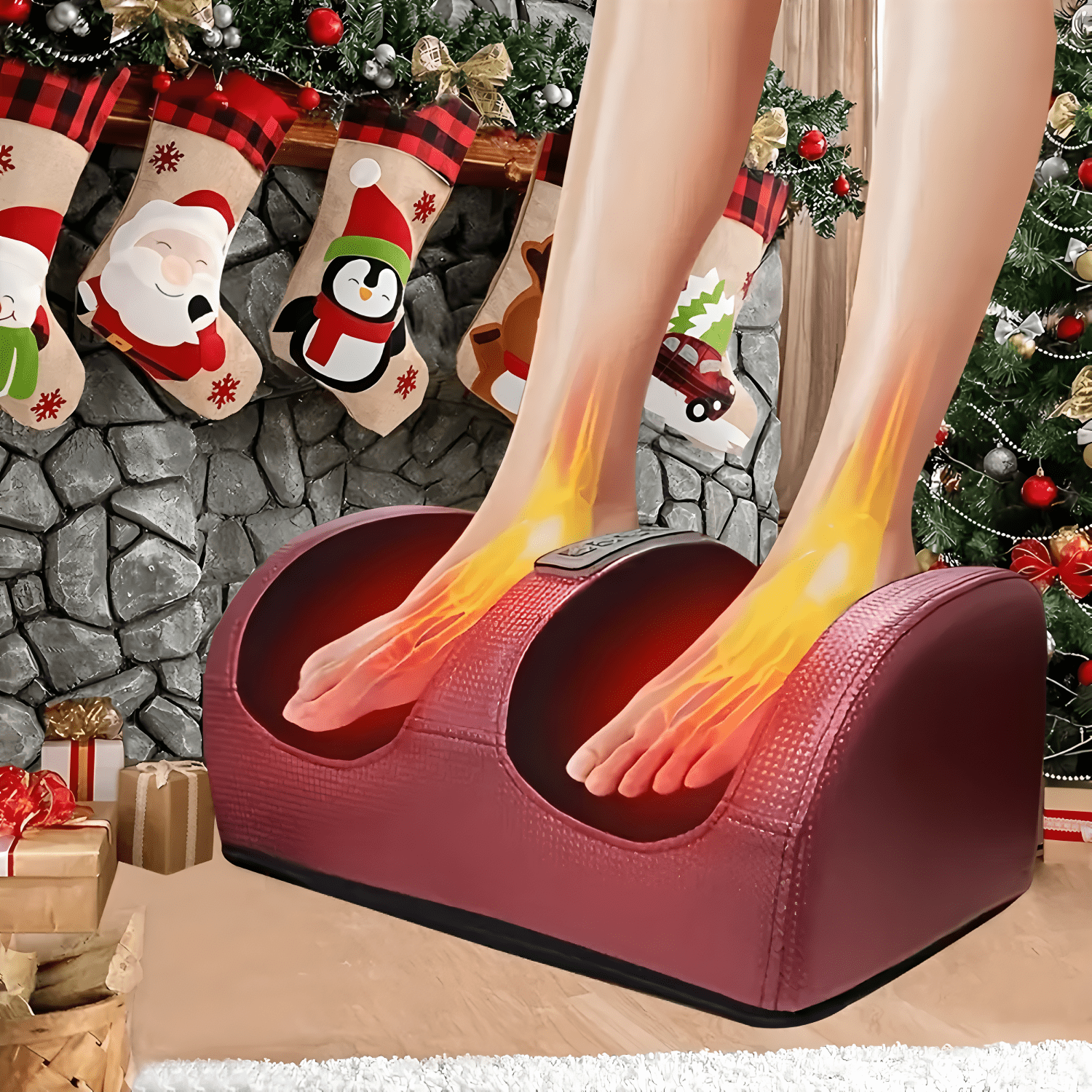 Füße einer Person in einem roten Fußmassagegerät, leuchtend. Weihnachtssocken hängen über einem Steinkamin. Ein Weihnachtsbaum und Geschenke sind im Hintergrund.
