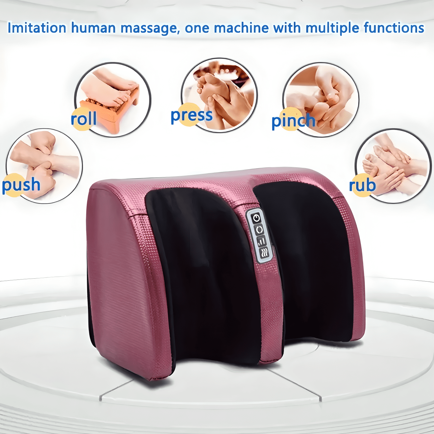 Ein rosa-schwarzes Fußmassagegerät mit mehreren Massagefunktionen. Fünf runde Bilder zeigen verschiedene Massagetechniken.