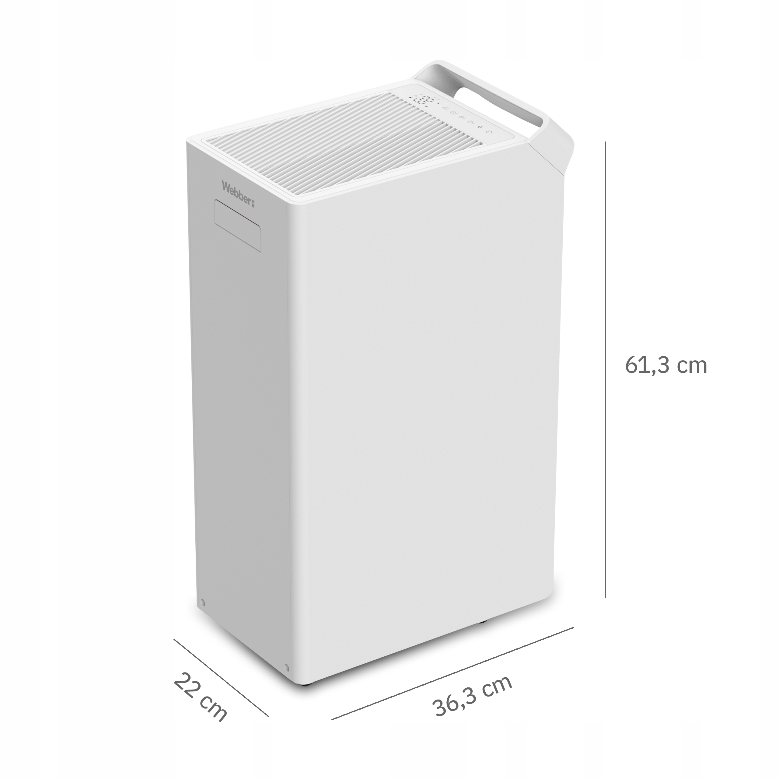 Biały oczyszczacz powietrza z wymiarami. Ma uchwyt, panel sterowania i markę 'Webbers'.