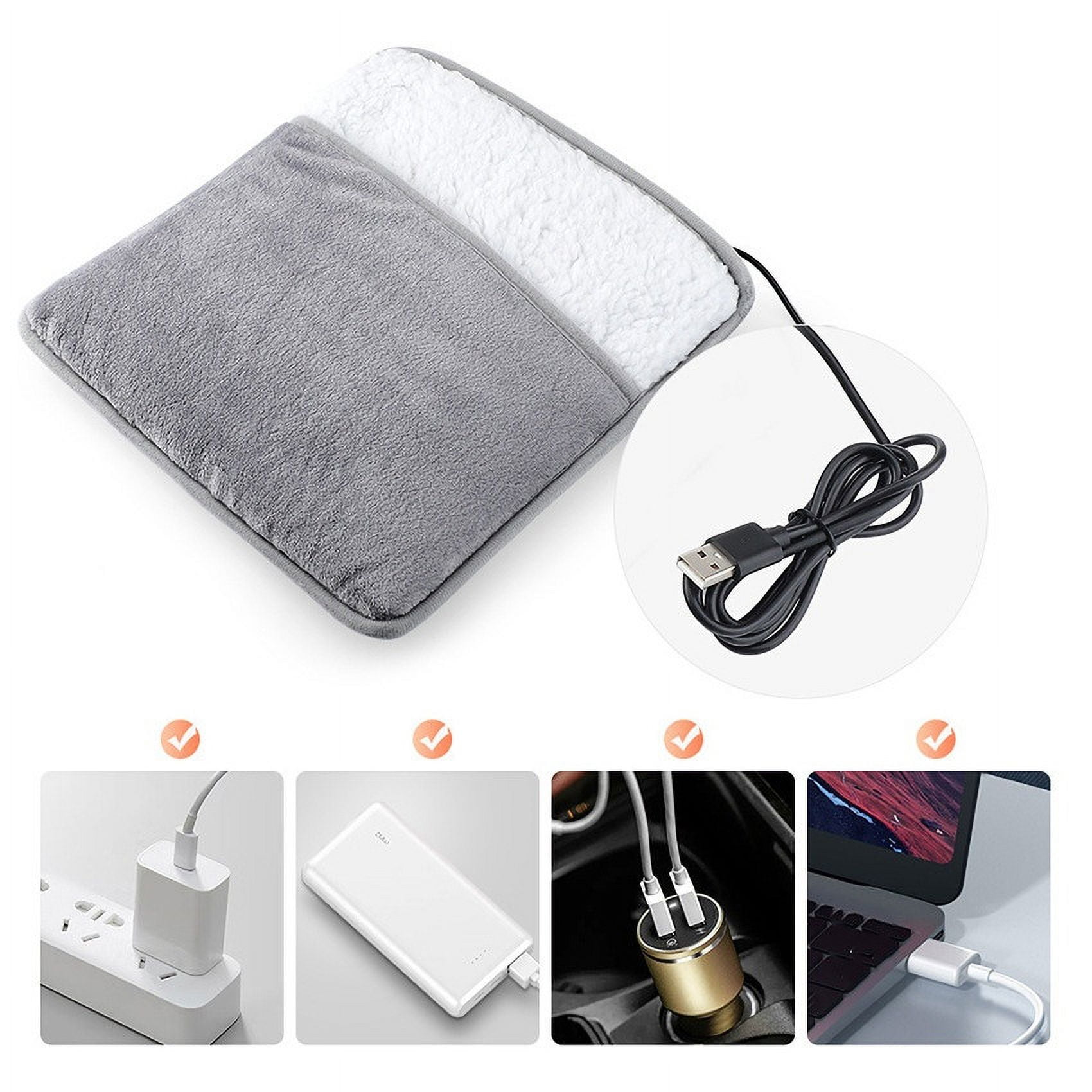 Beheiztes Pad mit USB-Kabel und Lademöglichkeiten: Steckdose, Powerbank, Autoladegerät und Laptop. Grau und Weiß.