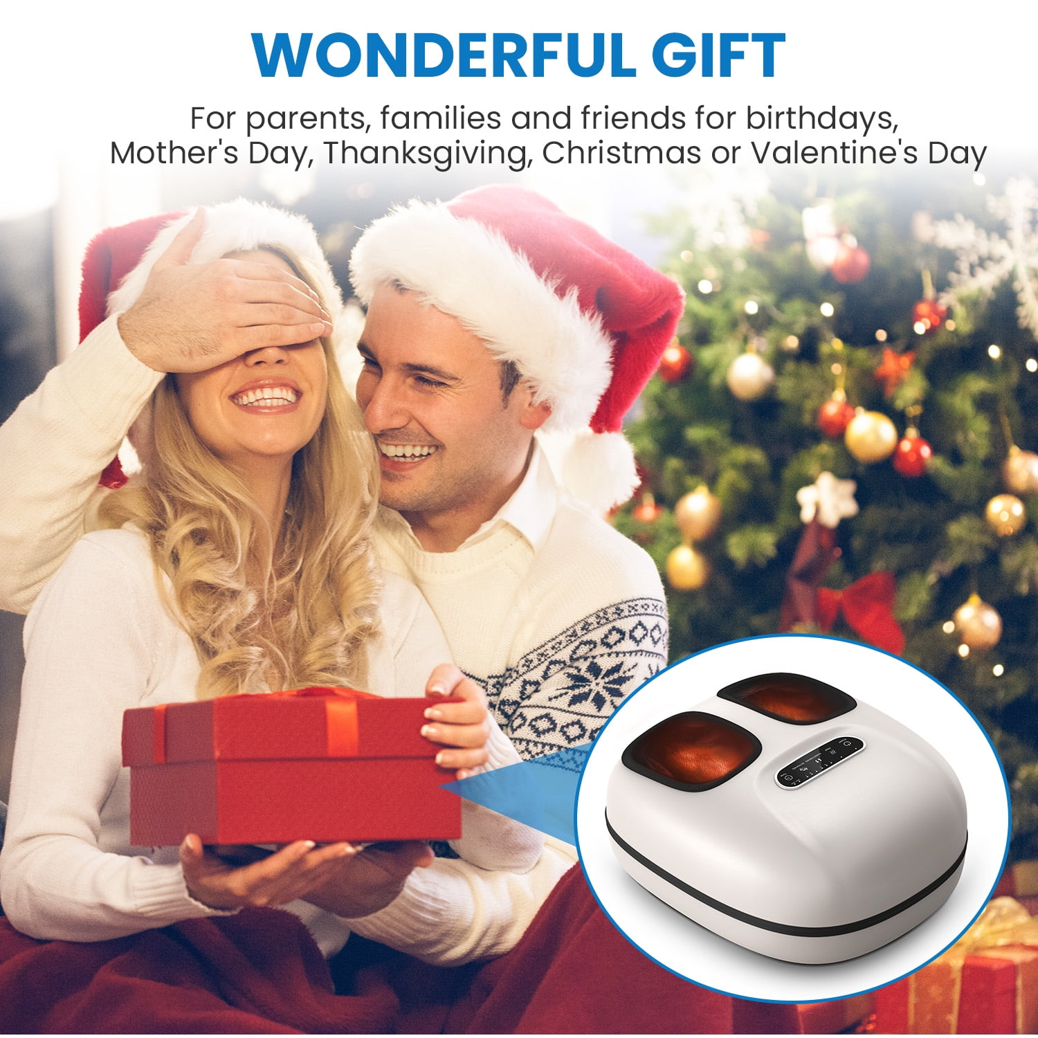 Ein Mann verdeckt die Augen einer Frau und überreicht ein rotes Geschenk. Ein Fußmassagegerät wird gezeigt. Weihnachtsbaum im Hintergrund.