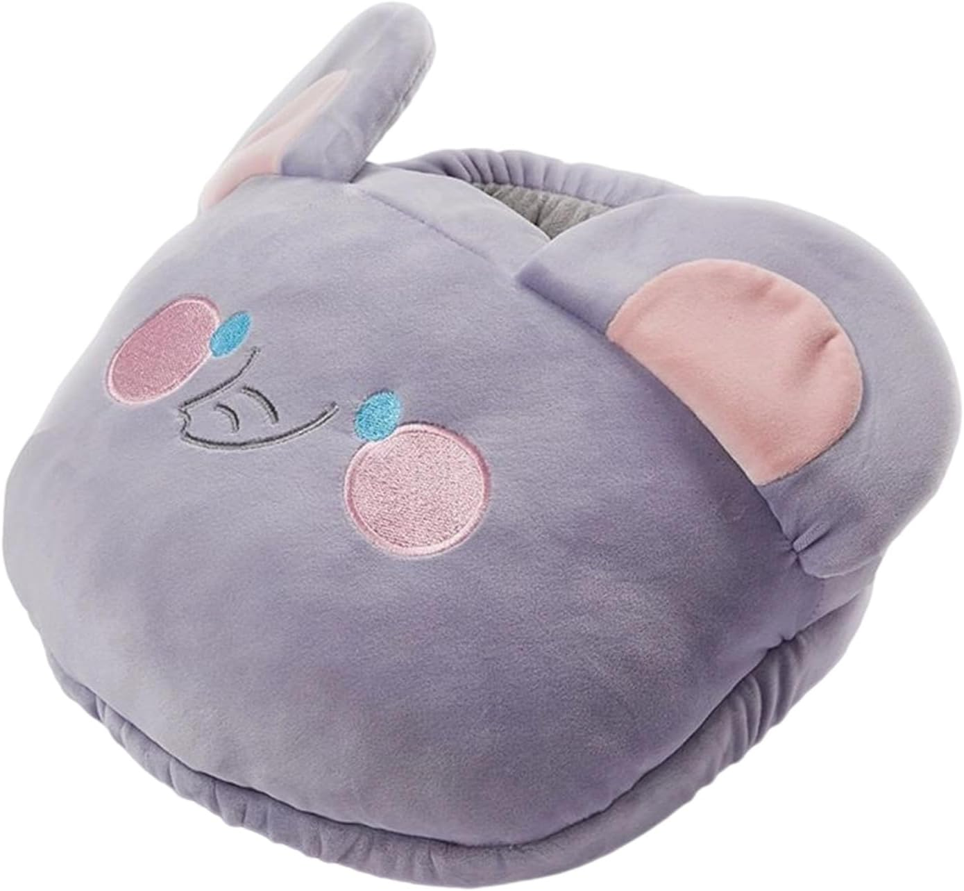 Ein grauer Plüschschuh in Form eines Tierkopfes. Er hat rosa Ohren und Wangen, blaue Details und ein lächelndes Gesicht.