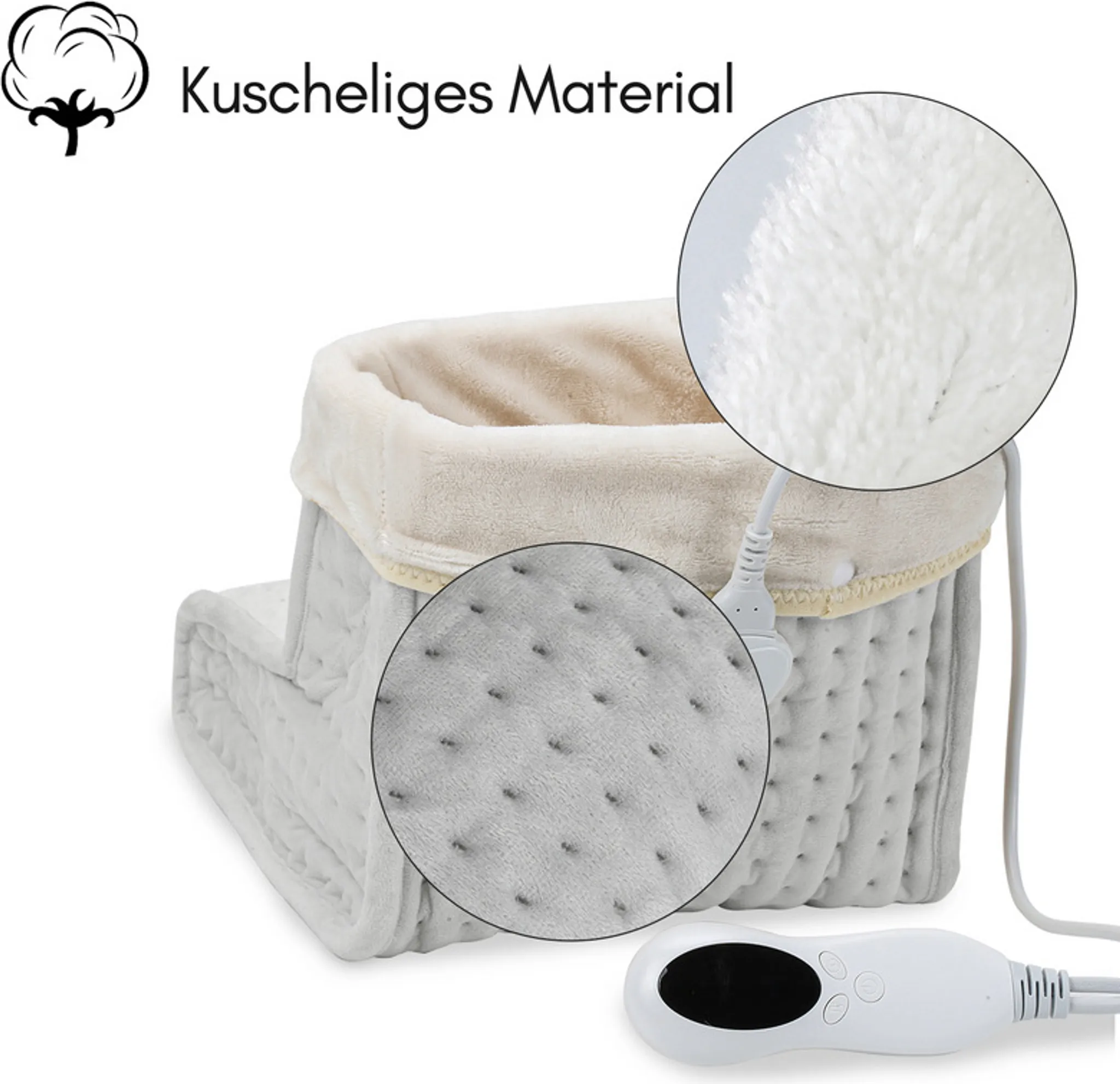 Ein beheizter Fußwärmer mit flauschigem Innenraum und Regler. Details zeigen Textur und Material.