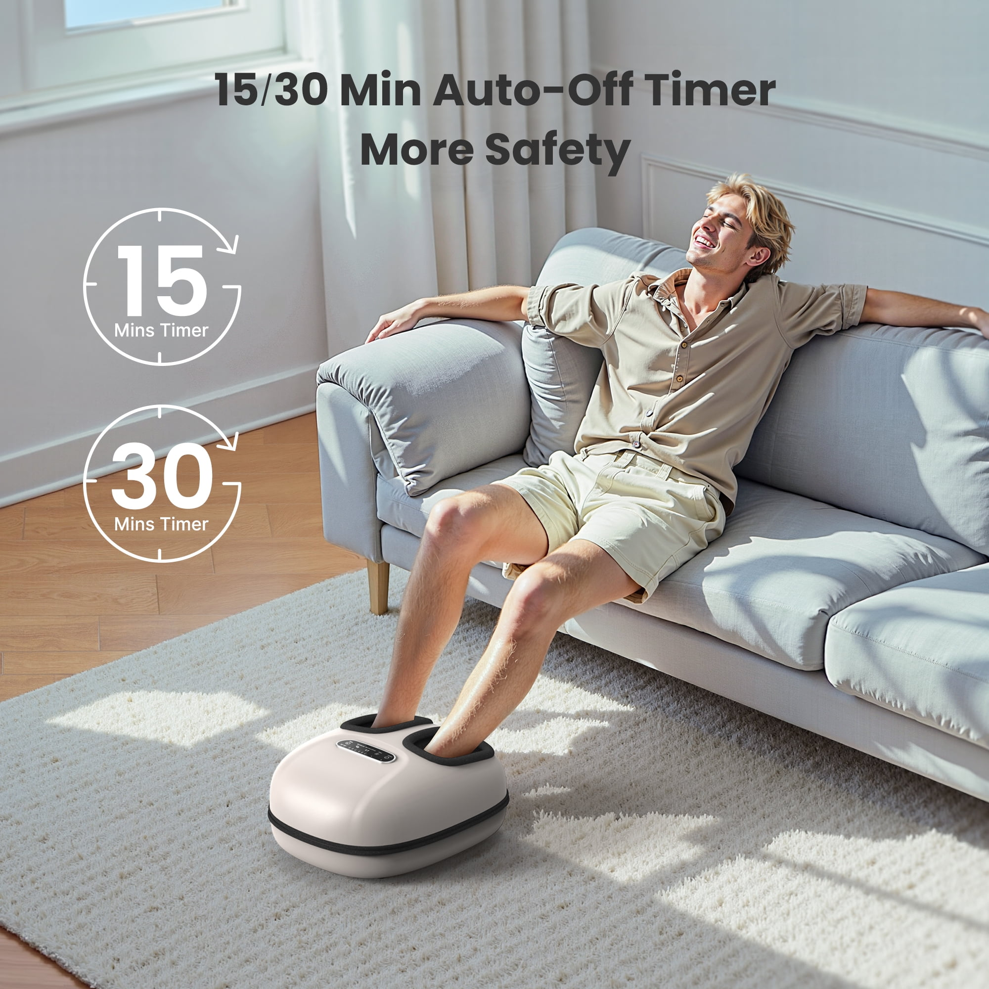 Ein Mann benutzt ein Fußmassagegerät, während er sich auf einem Sofa entspannt. Text: 15/30 Min Auto-Off Timer, More Safety.