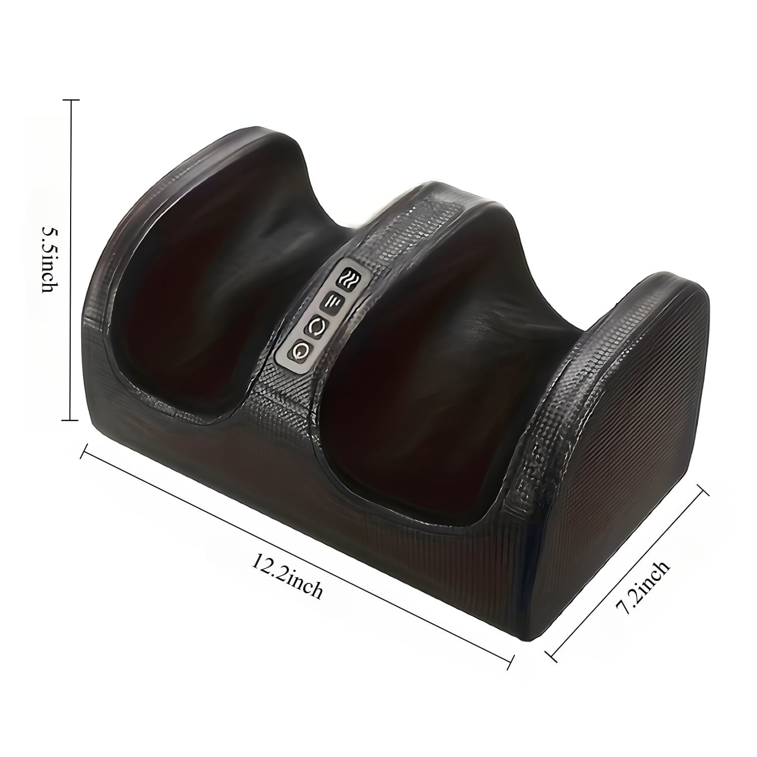 Ein dunkles Fußmassagegerät mit Steuertasten. Abmessungen: 12,2 x 7,2 x 5,5 Zoll. Das Gerät hat eine strukturierte Oberfläche und ein gebogenes Design.